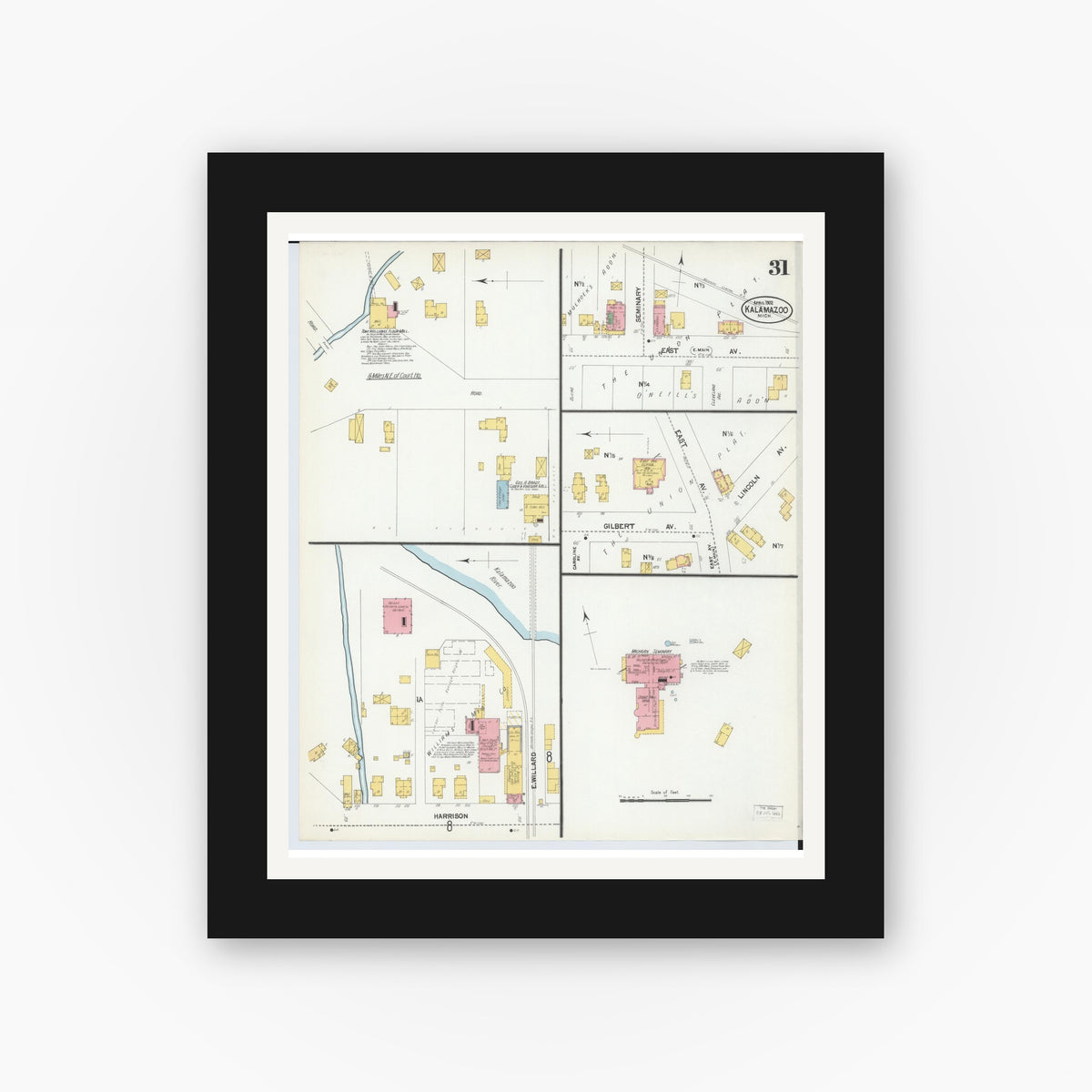 Old map wall art mockup — black gallery frame with white mat — Sanborn Fire Insurance Map from Kalamazoo, Kalamazoo County, Michigan (1902), Sheet #0031