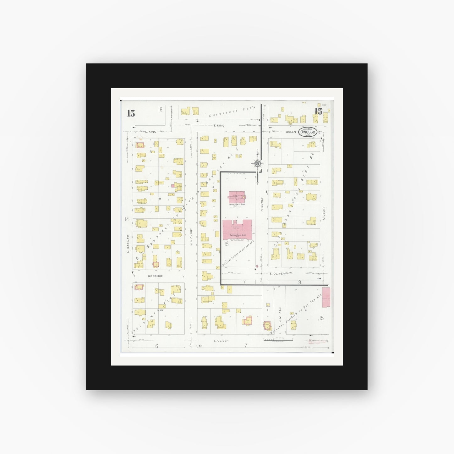 Old map wall art mockup — black gallery frame with white mat — Sanborn Fire Insurance Map from Owosso, Shiawassee County, Michigan (1930), Sheet #0015