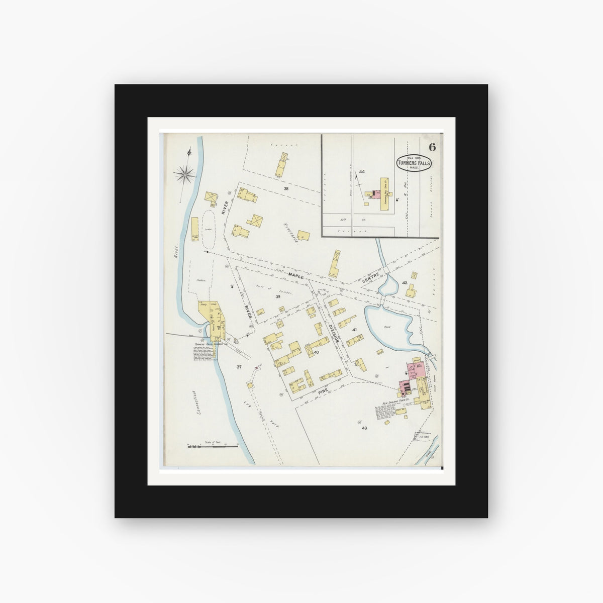 Old map wall art mockup — black gallery frame with white mat — Sanborn Fire Insurance Map from Turners Falls, Franklin County, Massachusetts (1895), Sheet #0006