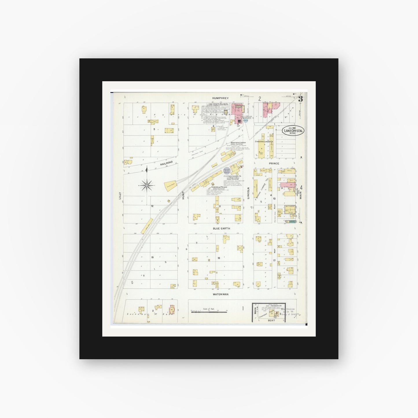 Old map wall art mockup — black gallery frame with white mat — Sanborn Fire Insurance Map from Lake Crystal, Blue Earth County, Minnesota (1908), Sheet #0003
