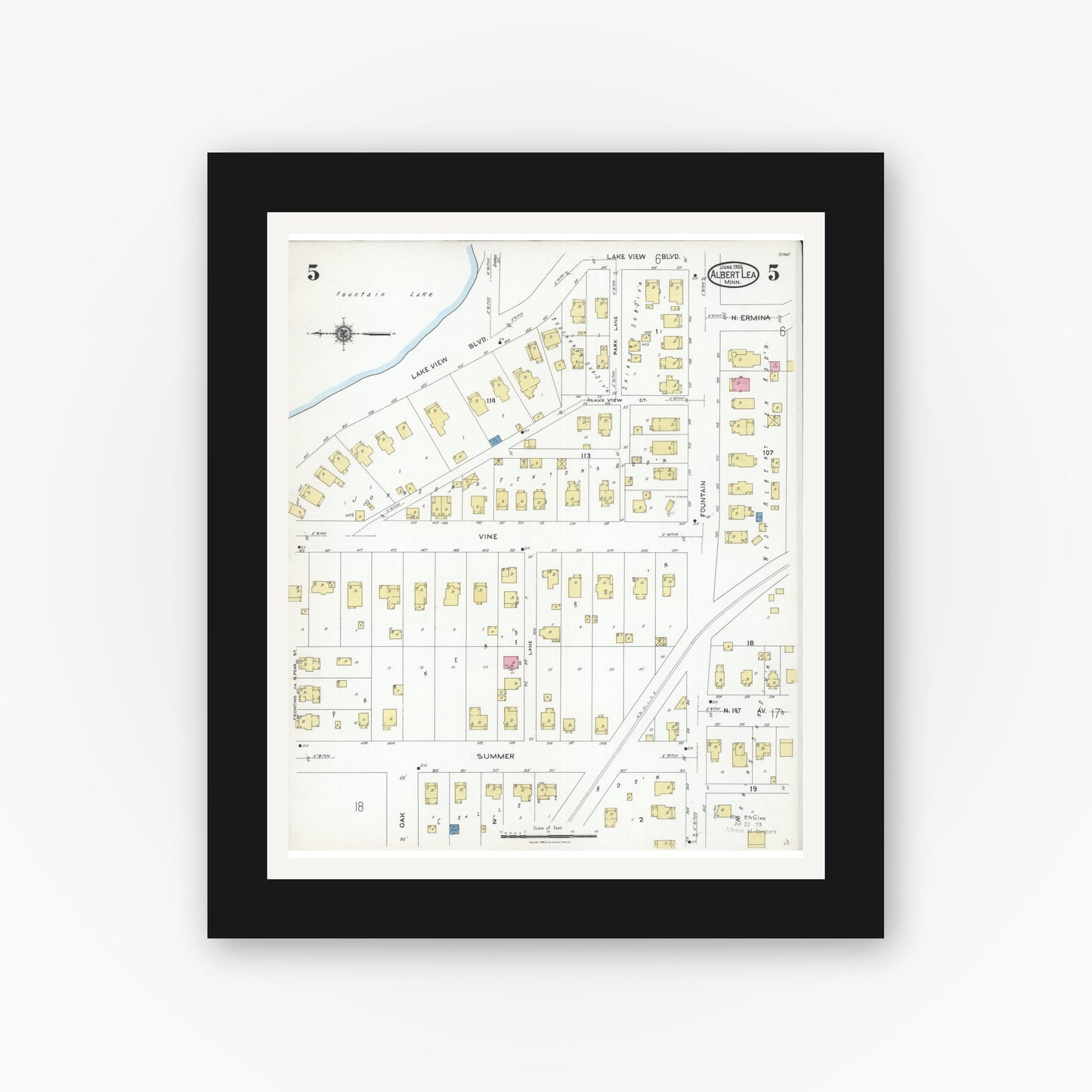 Old map wall art mockup — black gallery frame with white mat — Sanborn Fire Insurance Map from Albert Lea, Freeborn County, Minnesota (1926), Sheet #0005