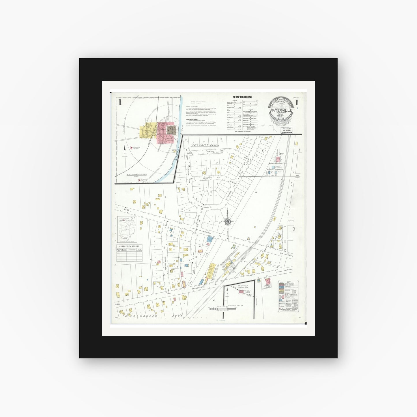 Old map wall art mockup — black gallery frame with white mat — Sanborn Fire Insurance Map from Waterville, Lucas County, Ohio (1944), Sheet #0001