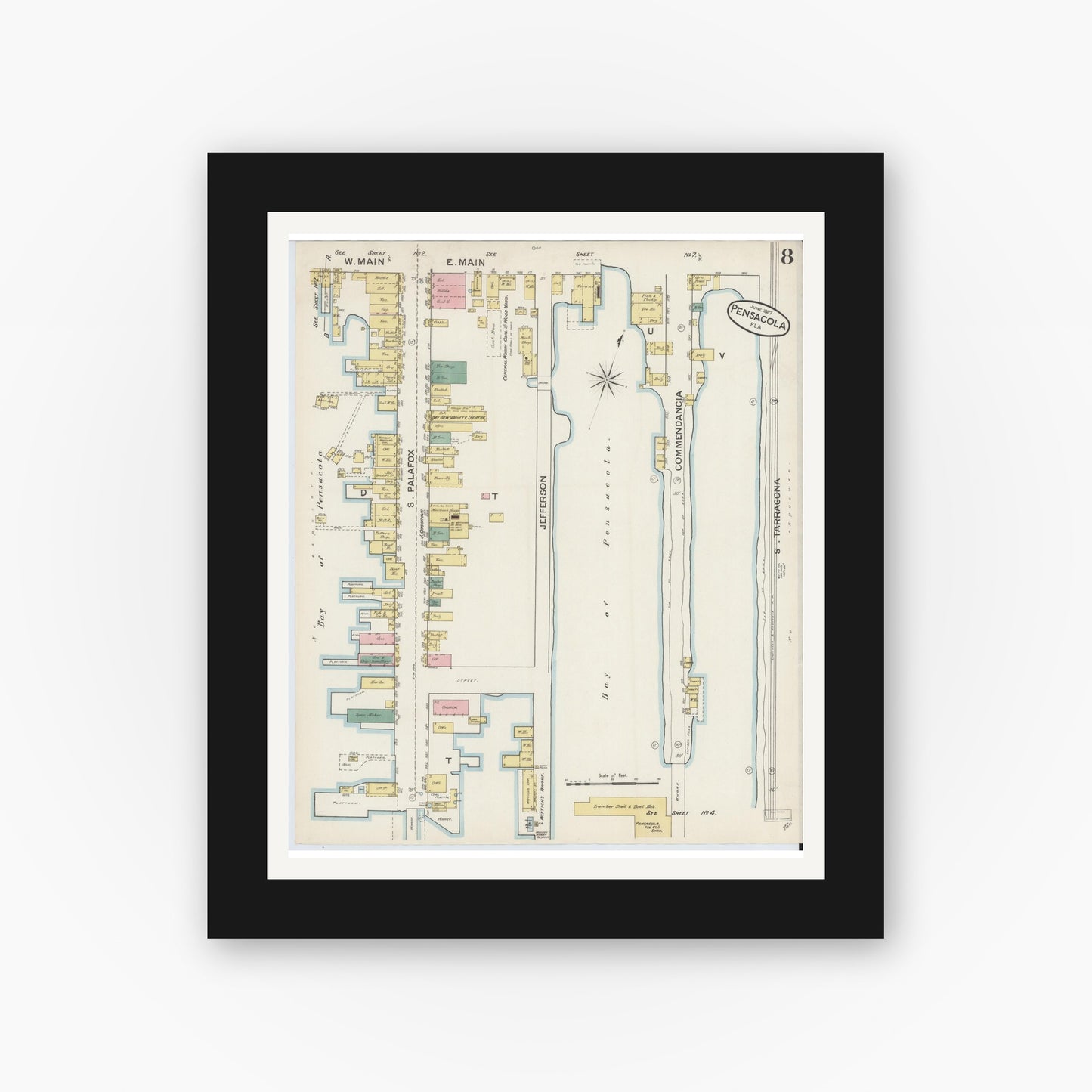 Old map wall art mockup — black gallery frame with white mat — Sanborn Fire Insurance Map from Pensacola, Escambia County, Florida (1887), Sheet #0008