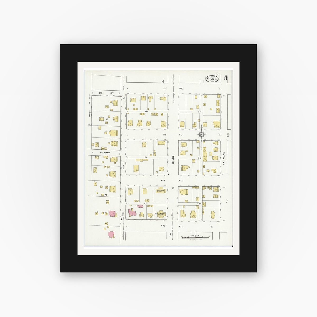 Old map wall art mockup — black gallery frame with white mat — Sanborn Fire Insurance Map from Ferris, Ellis County, Texas (1921), Sheet #0005