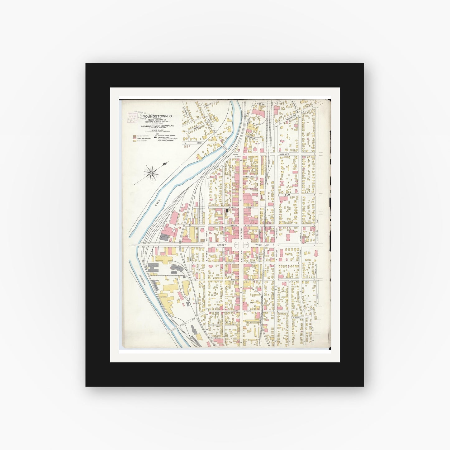 Old map wall art mockup — black gallery frame with white mat — Sanborn Fire Insurance Map from Youngstown, Mahoning County, Ohio (1906), Sheet #0001