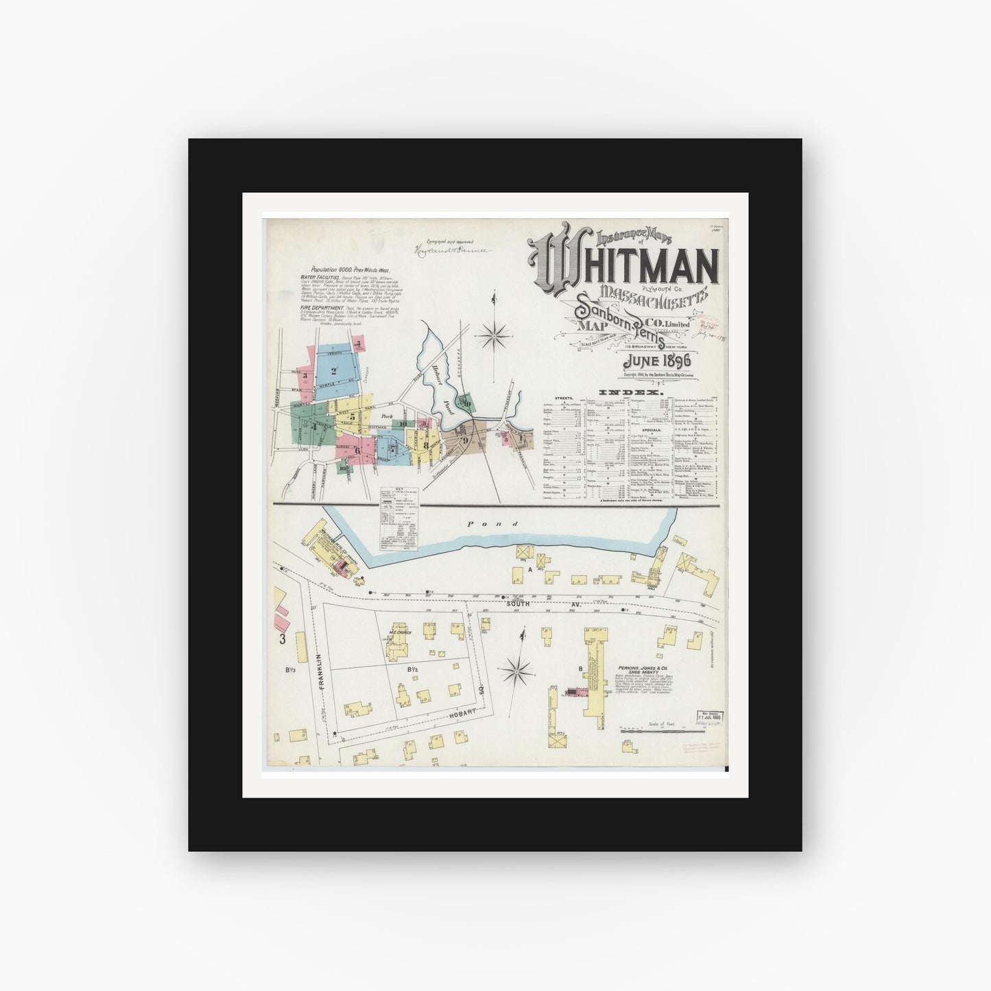 Old map wall art mockup — black gallery frame with white mat — Sanborn Fire Insurance Map from Whitman, Plymouth County, Massachusetts (1896) - Complete Map Set