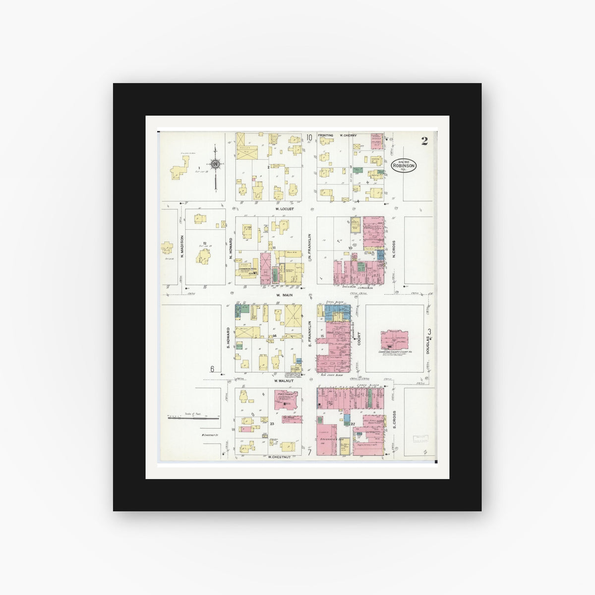 Old map wall art mockup — black gallery frame with white mat — Sanborn Fire Insurance Map from Robinson, Crawford County, Illinois (1910), Sheet #0002