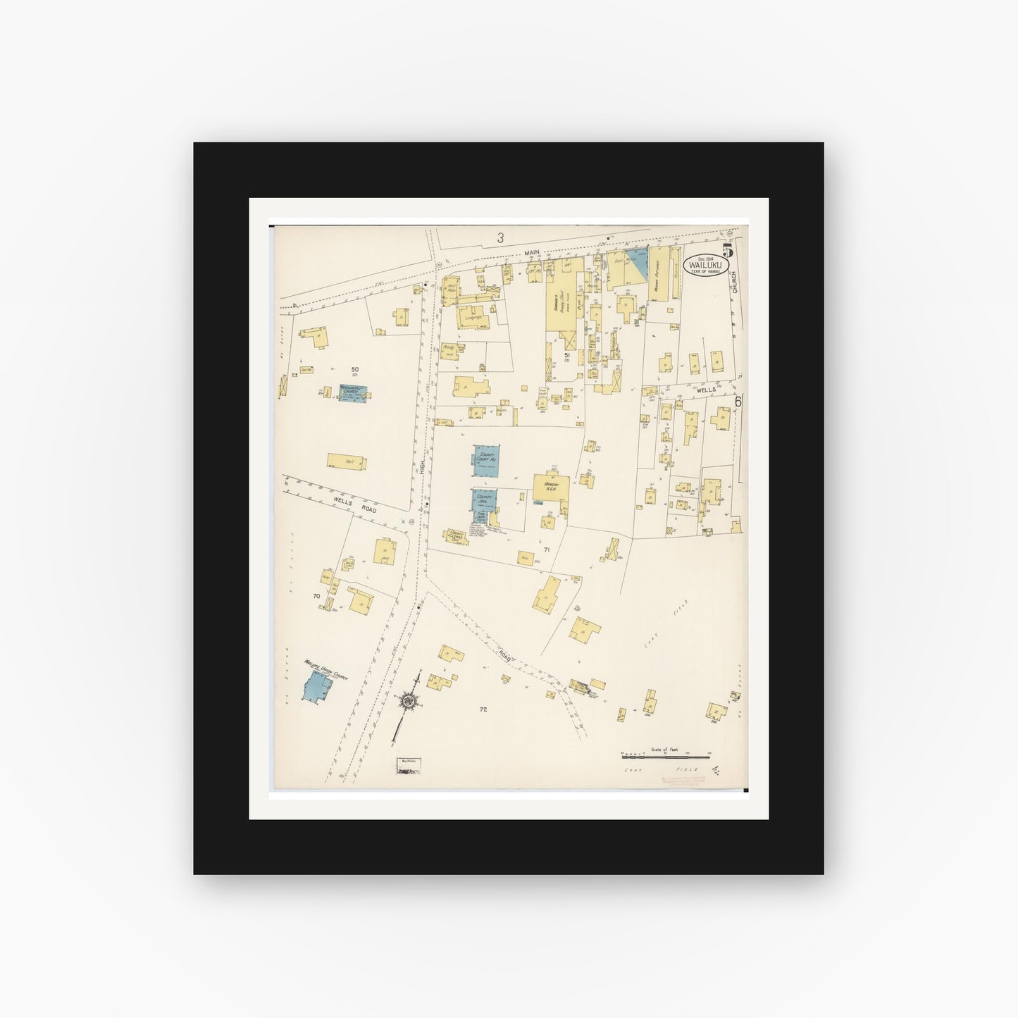 Old map wall art mockup — black gallery frame with white mat — Sanborn Fire Insurance Map from Wailuku, Maui County, Hawaii (1914), Sheet #0005