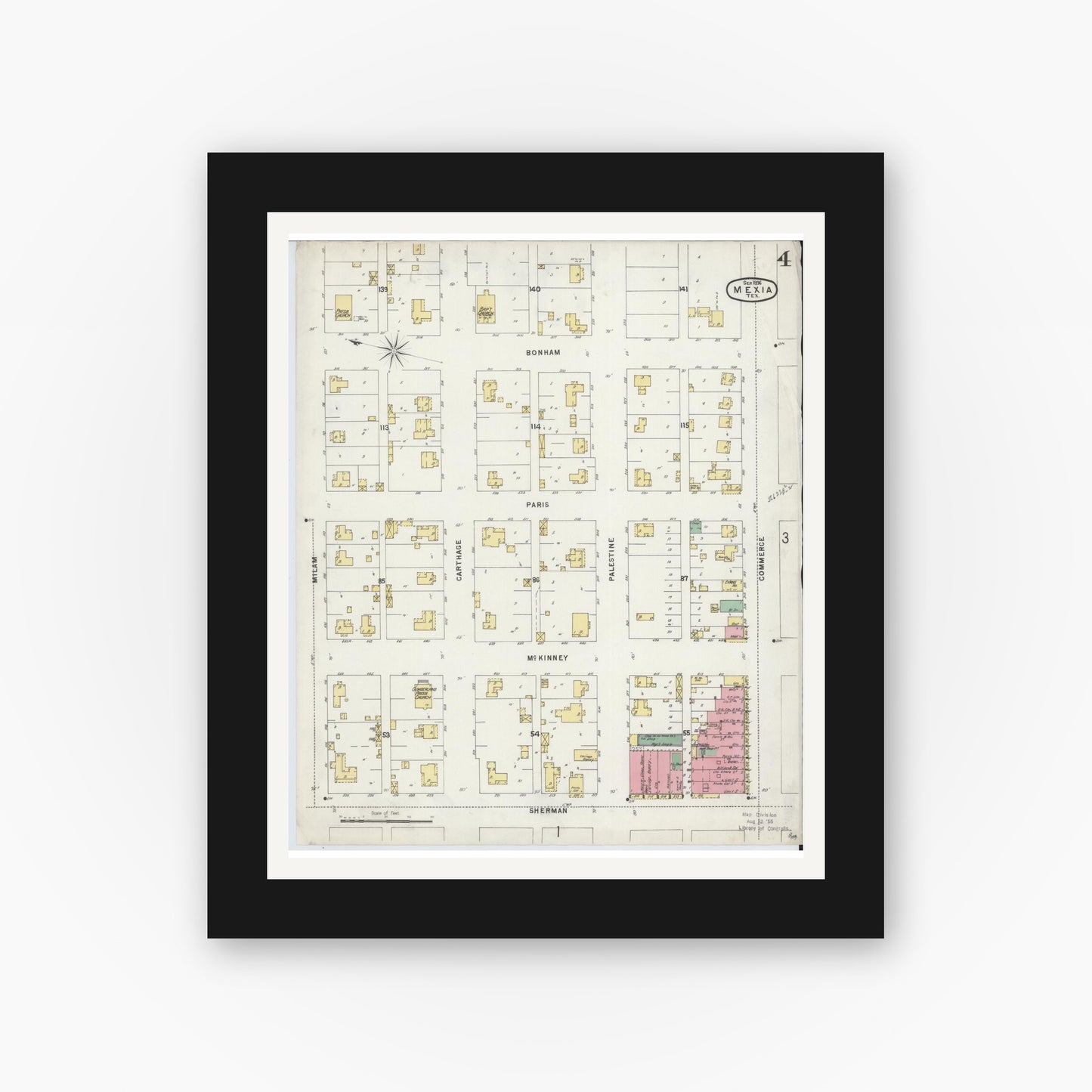 Old map wall art mockup — black gallery frame with white mat — Sanborn Fire Insurance Map from Mexia, Limestone County, Texas (1896), Sheet #0004