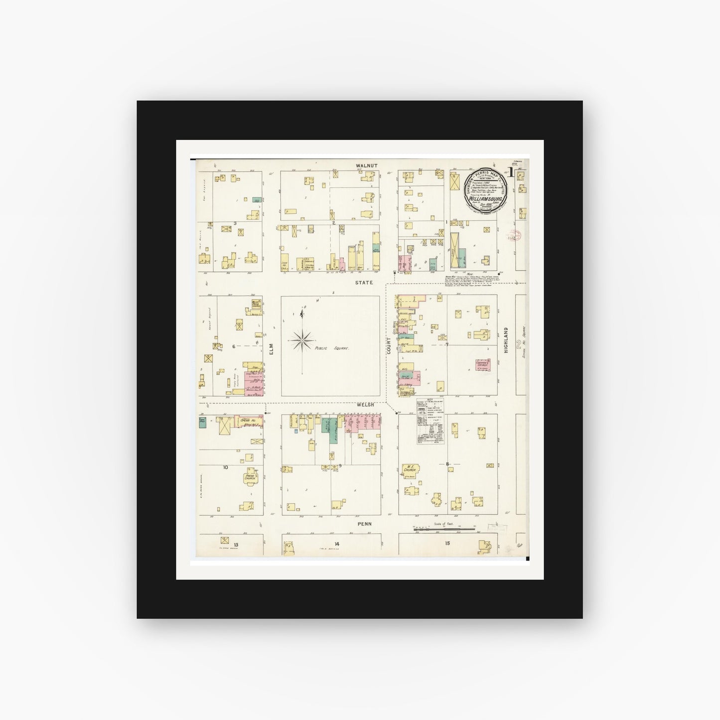 Old map wall art mockup — black gallery frame with white mat — Sanborn Fire Insurance Map from Williamsburg, Iowa County, Iowa (1895) — Complete Set