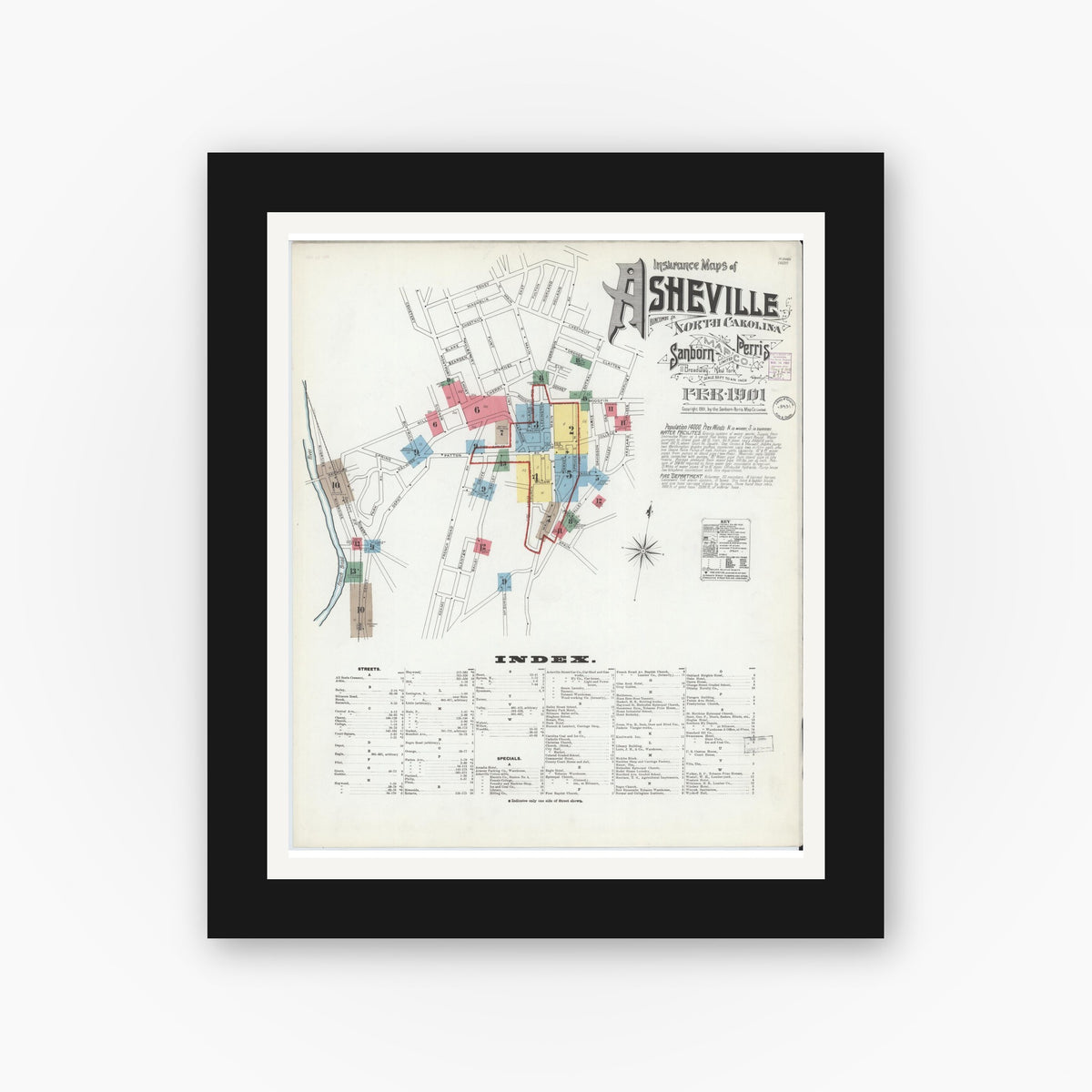 Old map wall art mockup — black gallery frame with white mat — Sanborn Fire Insurance Map from Asheville, Buncombe County, North Carolina (1901) - Complete Map Set