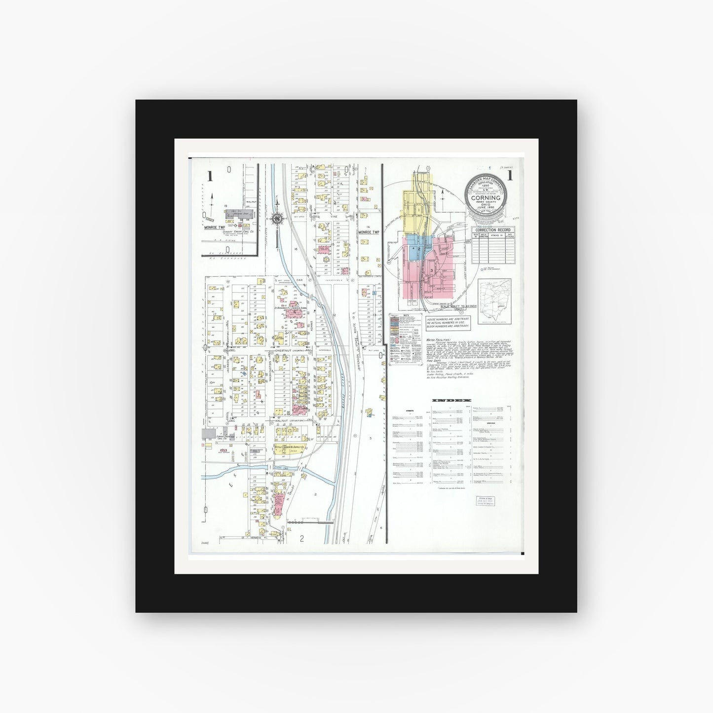 Old map wall art mockup β black gallery frame with white mat β Sanborn Fire Insurance Map from Corning, Perry County, Ohio (1950) - Complete Map Set