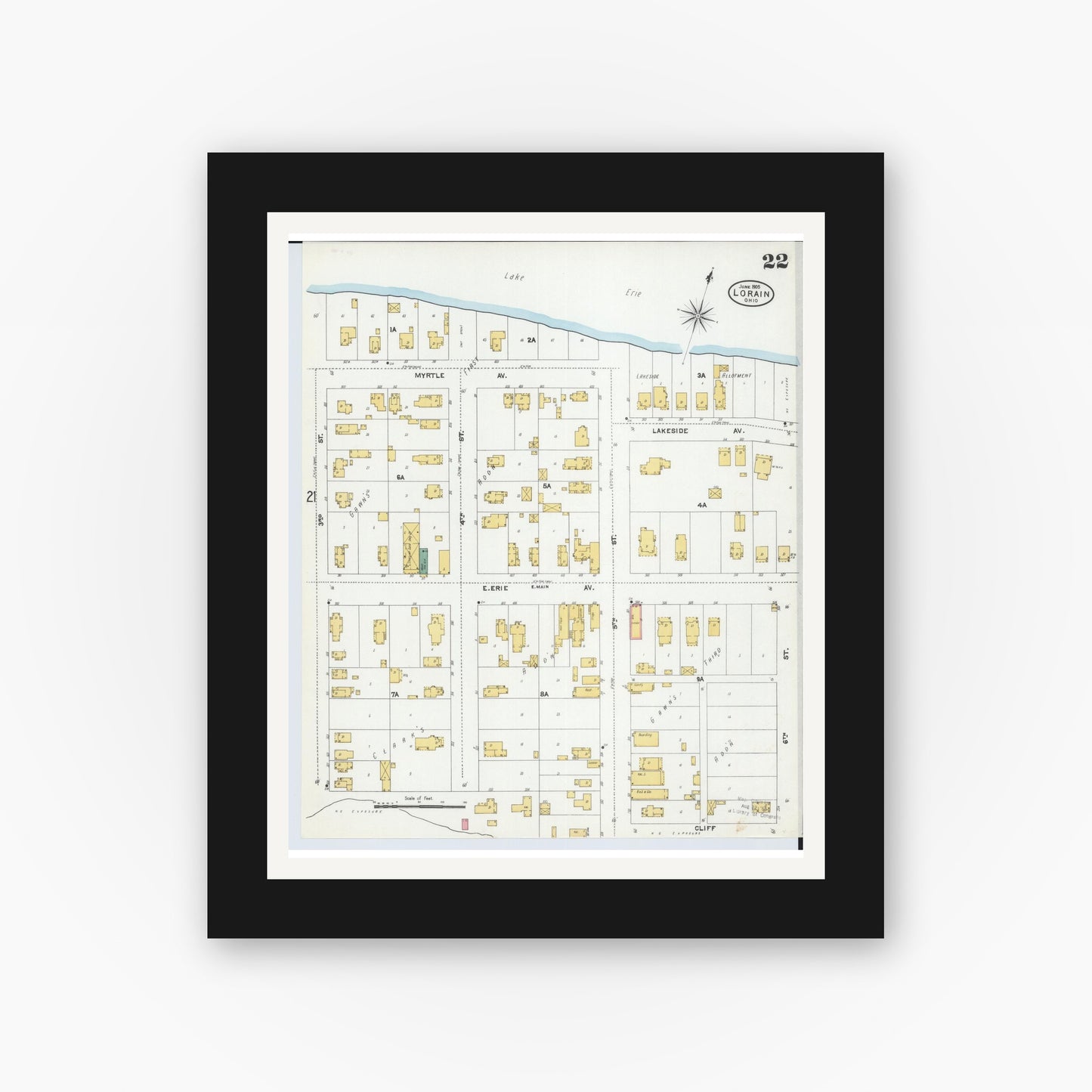 Old map wall art mockup — black gallery frame with white mat — Sanborn Fire Insurance Map from Lorain, Lorain County, Ohio (1905), Sheet #0022