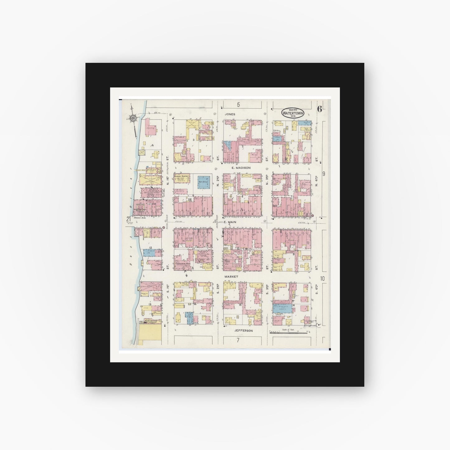 Old map wall art mockup — black gallery frame with white mat — Sanborn Fire Insurance Map from Watertown, Jefferson County, Wisconsin (1915), Sheet #0007