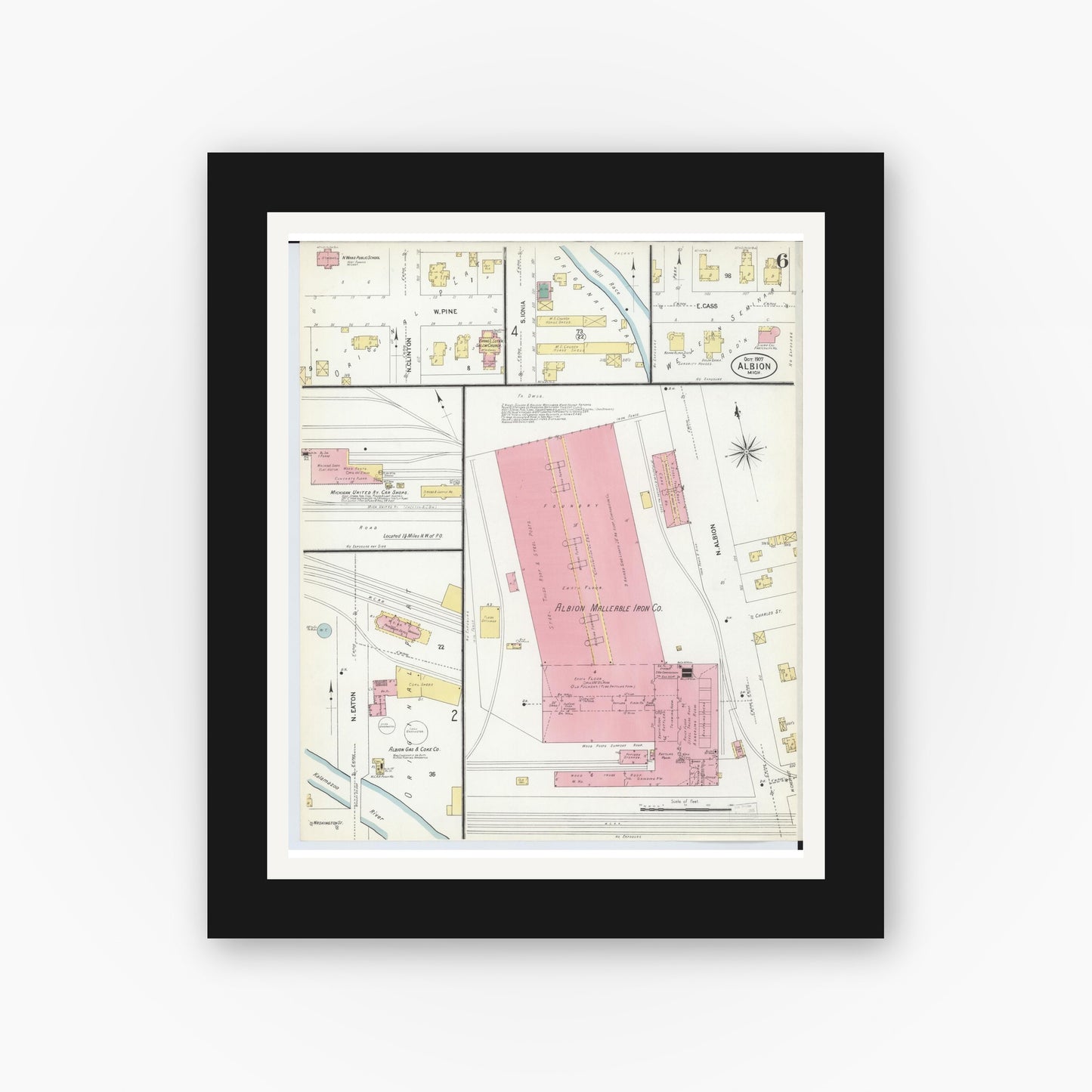 Old map wall art mockup — black gallery frame with white mat — Sanborn Fire Insurance Map from Albion, Calhoun County, Michigan (1907), Sheet #0006