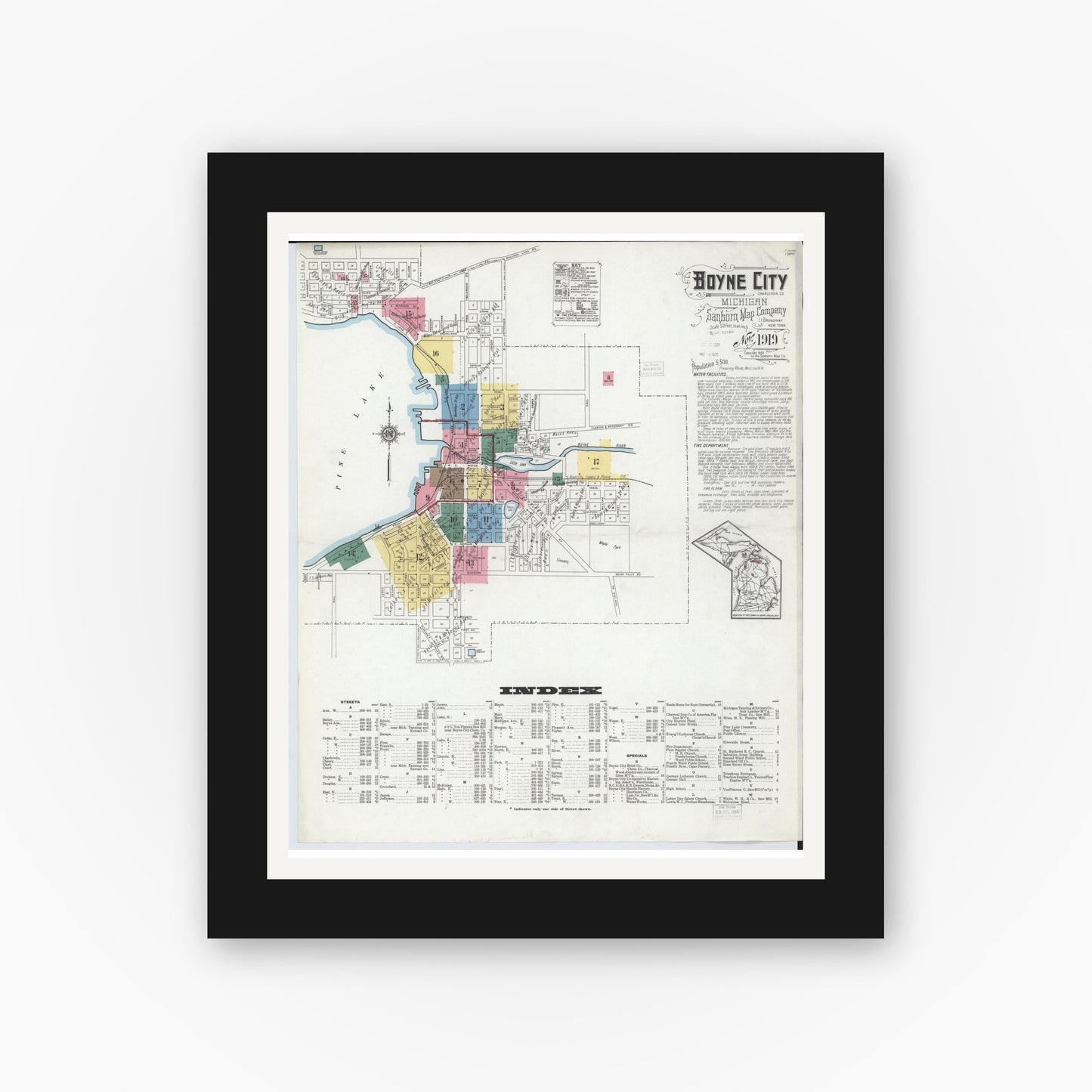 Old map wall art mockup — black gallery frame with white mat — Sanborn Fire Insurance Map from Boyne City, Charlevoix County, Michigan (1919) - Complete Map Set