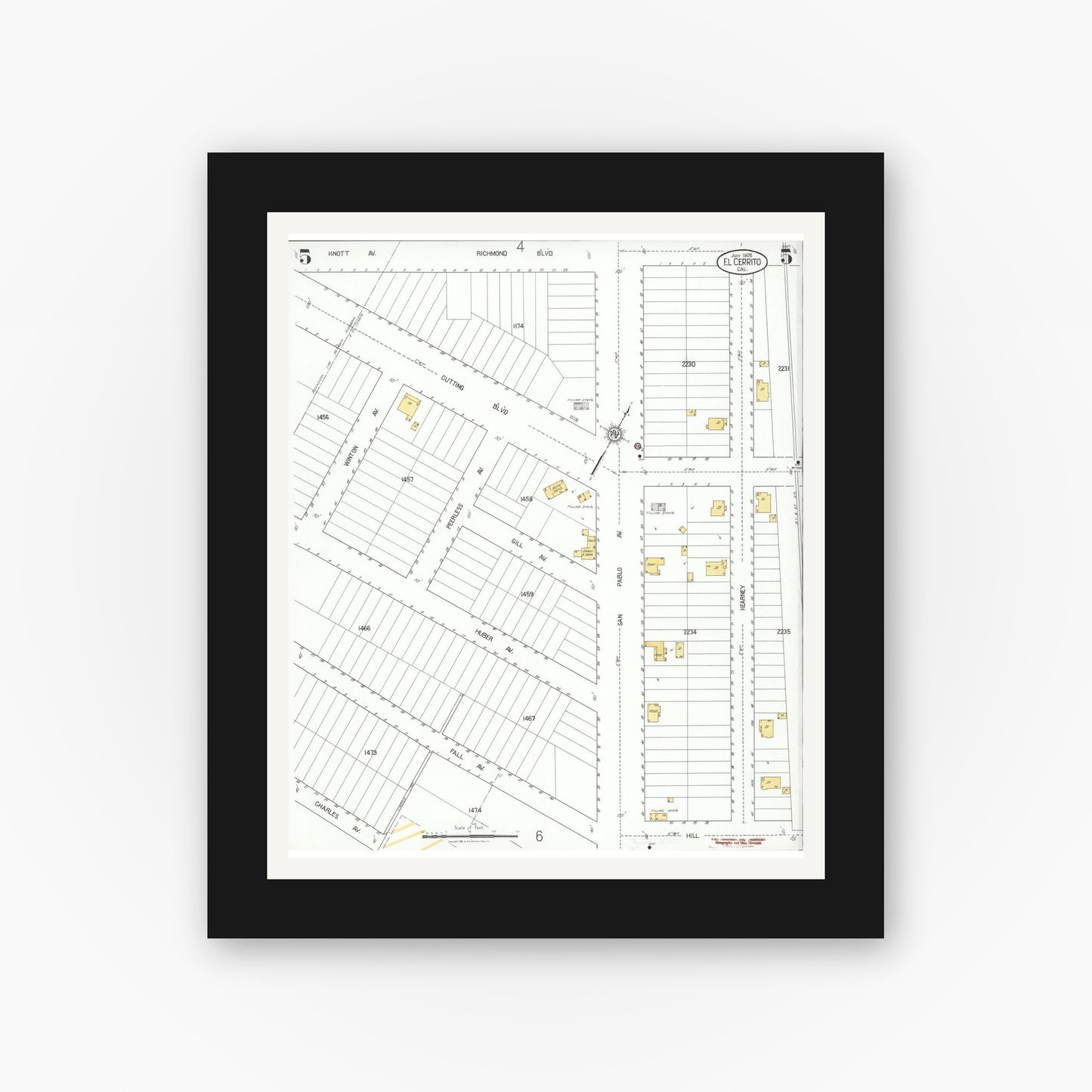 Old map wall art mockup — black gallery frame with white mat — Sanborn Fire Insurance Map from El Cerrito, Contra Costa County, California (1926), Sheet #0005