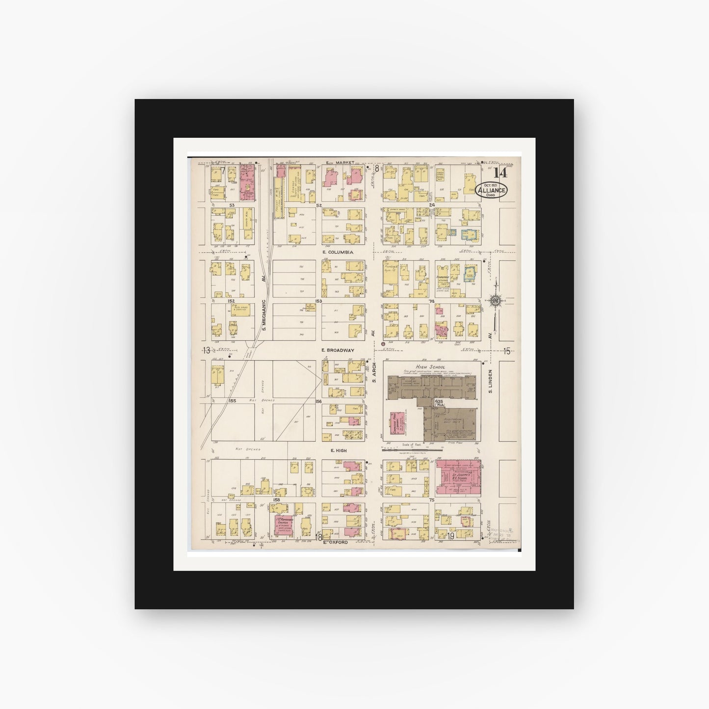Old map wall art mockup — black gallery frame with white mat — Sanborn Fire Insurance Map from Alliance, Stark County, Ohio (1921), Sheet #0014