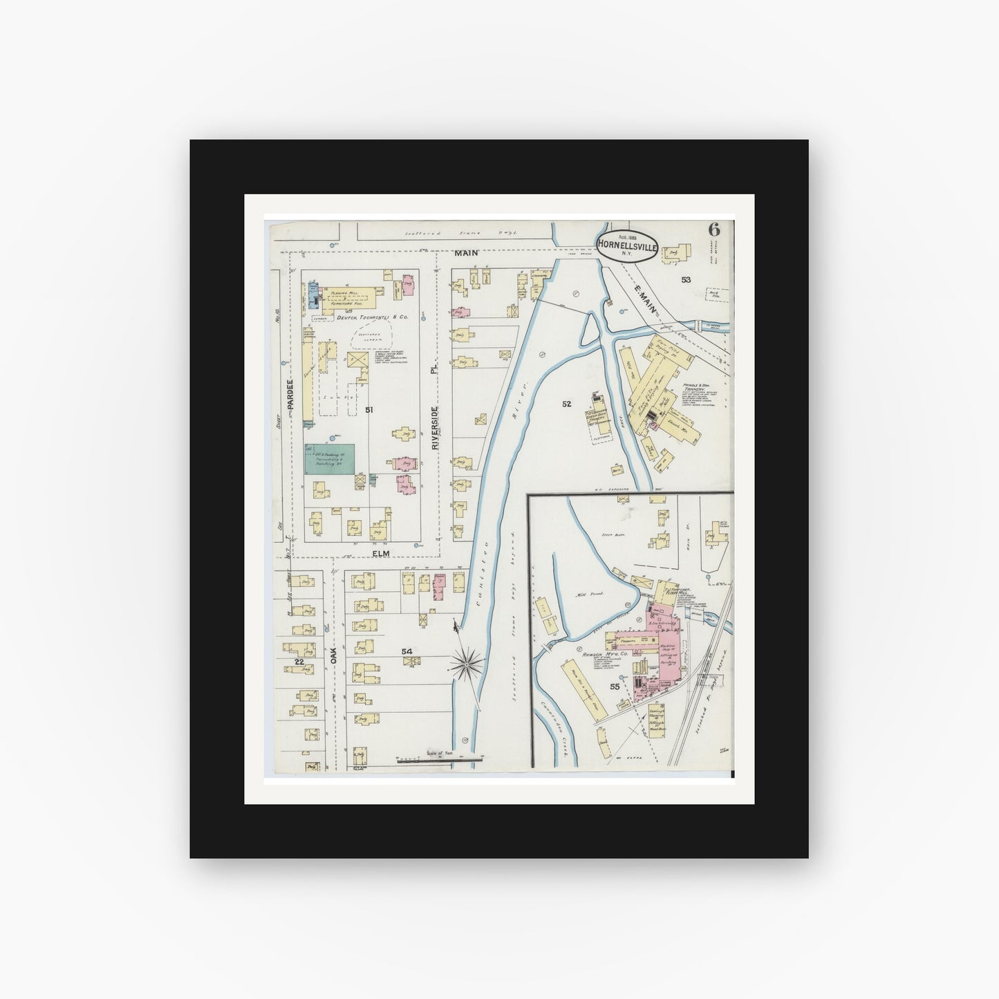 Old map wall art mockup — black gallery frame with white mat — Sanborn Fire Insurance Map from Hornell, Steuben County, New York (1888), Sheet #0006