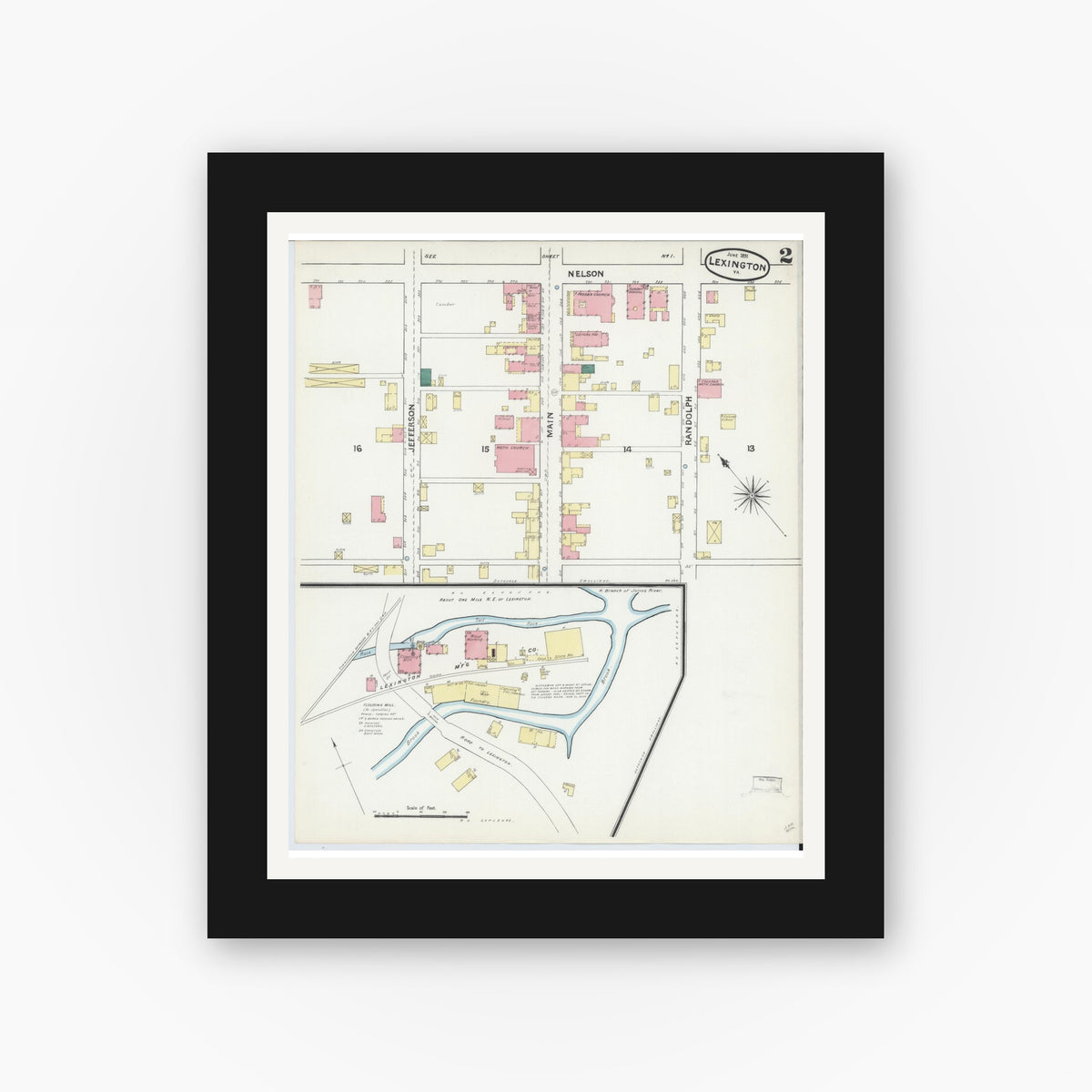Old map wall art mockup — black gallery frame with white mat — Sanborn Fire Insurance Map from Lexington, Independent Cities, Virginia (1891), Sheet #0002