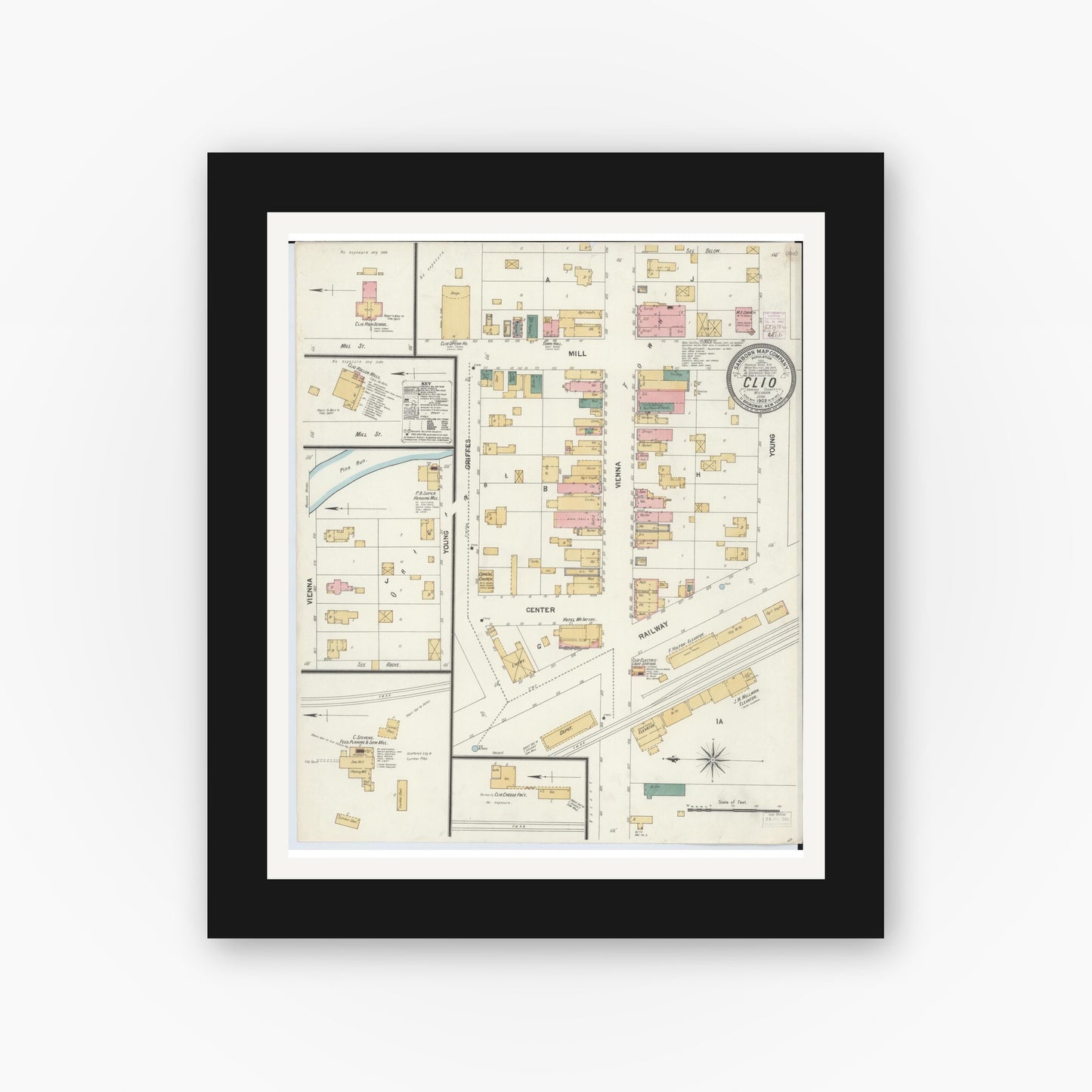 Old map wall art mockup — black gallery frame with white mat — Sanborn Fire Insurance Map from Clio, Genesee County, Michigan (1902), Sheet #0001