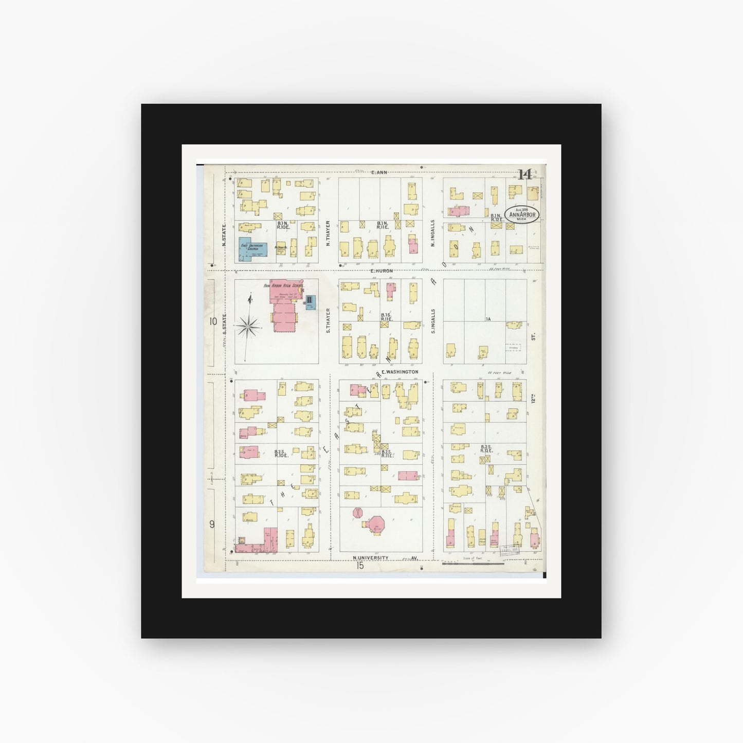 Old map wall art mockup — black gallery frame with white mat — Sanborn Fire Insurance Map from Ann Arbor, Washtenaw County, Michigan (1899), Sheet #0014