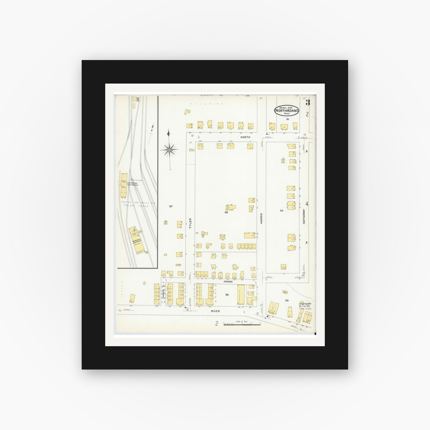 Old map wall art mockup — black gallery frame with white mat — Sanborn Fire Insurance Map from North Adams, Berkshire County, Massachusetts (1908), Sheet #0003
