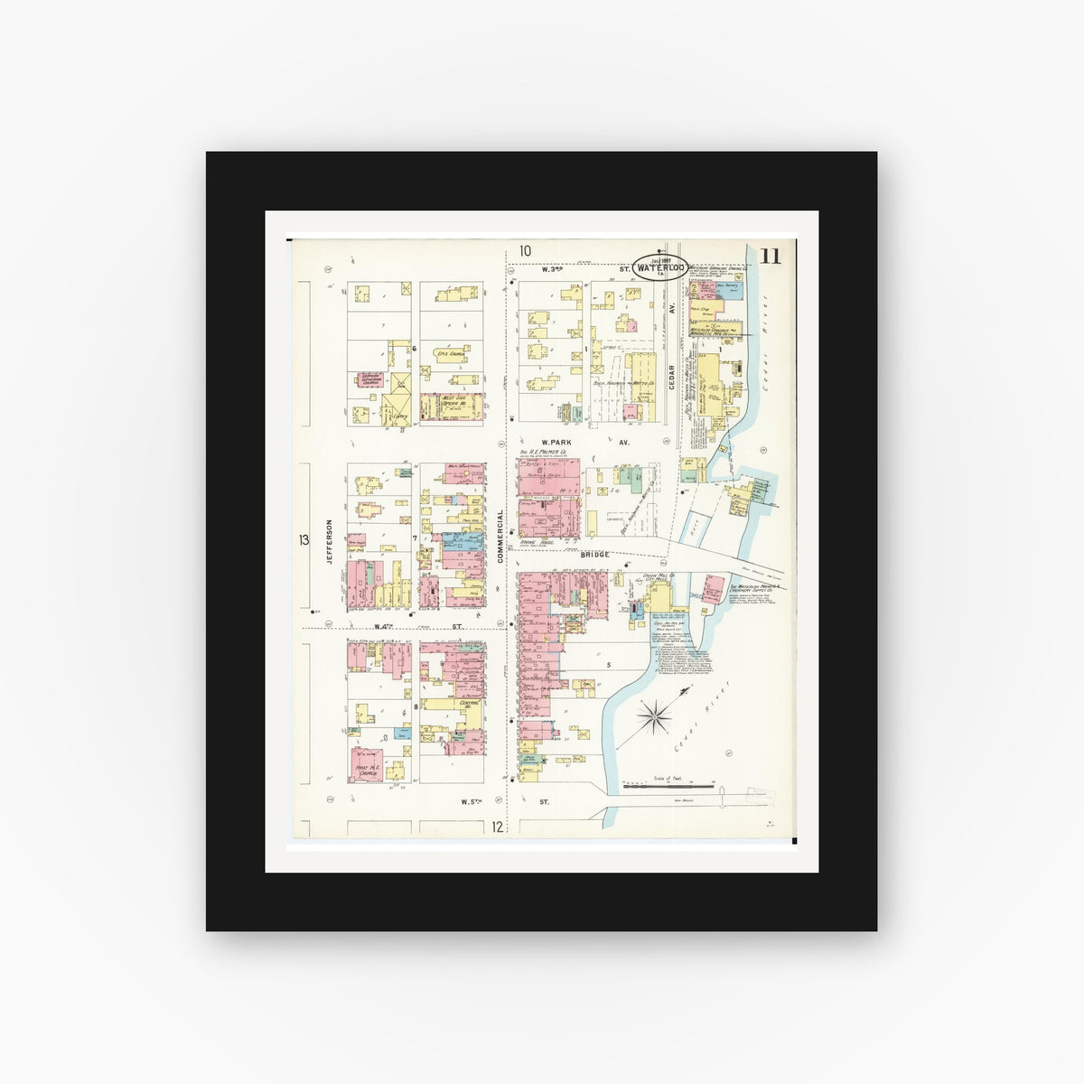 Old map wall art mockup — black gallery frame with white mat — Sanborn Fire Insurance Map from Waterloo, Black Hawk County, Iowa (1897), Sheet #0011