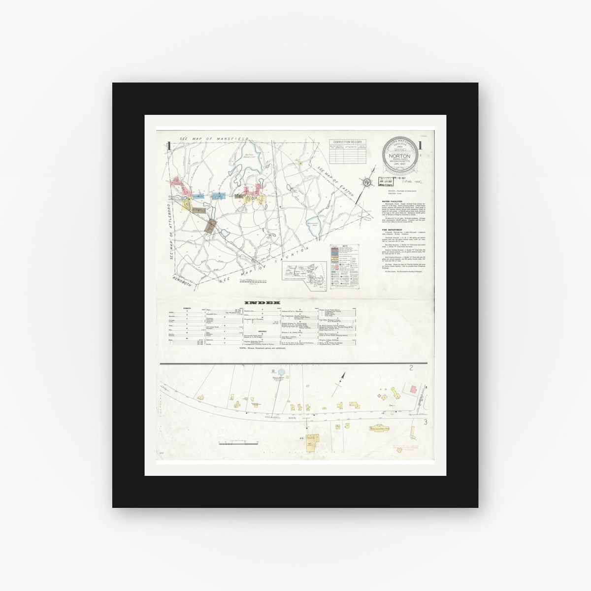 Old map wall art mockup — black gallery frame with white mat — Sanborn Fire Insurance Map from Norton, Bristol County, Massachusetts (1937) - Complete Map Set