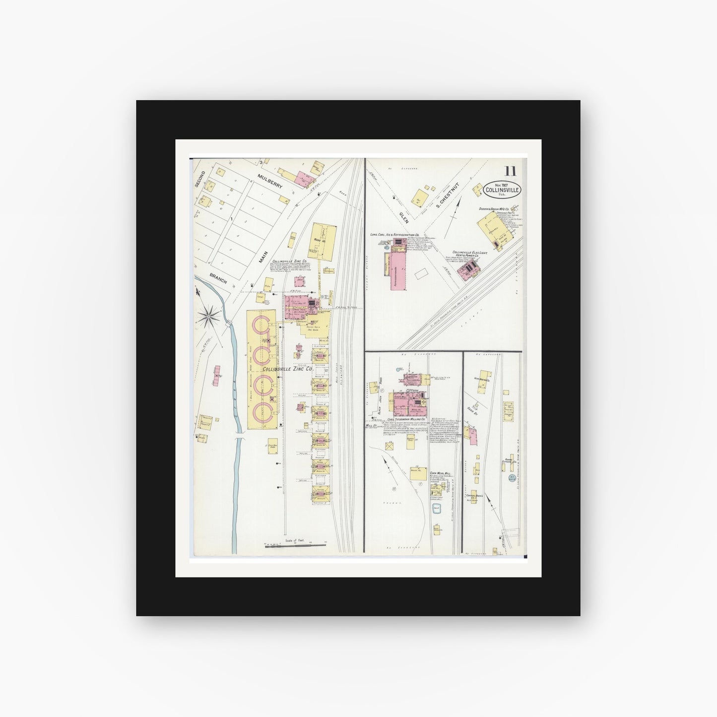 Old map wall art mockup — black gallery frame with white mat — Sanborn Fire Insurance Map from Collinsville, Madison County, Illinois (1907), Sheet #0011