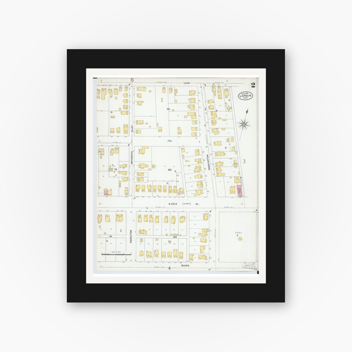 Old map wall art mockup — black gallery frame with white mat — Sanborn Fire Insurance Map from Lorain, Lorain County, Ohio (1905), Sheet #0002
