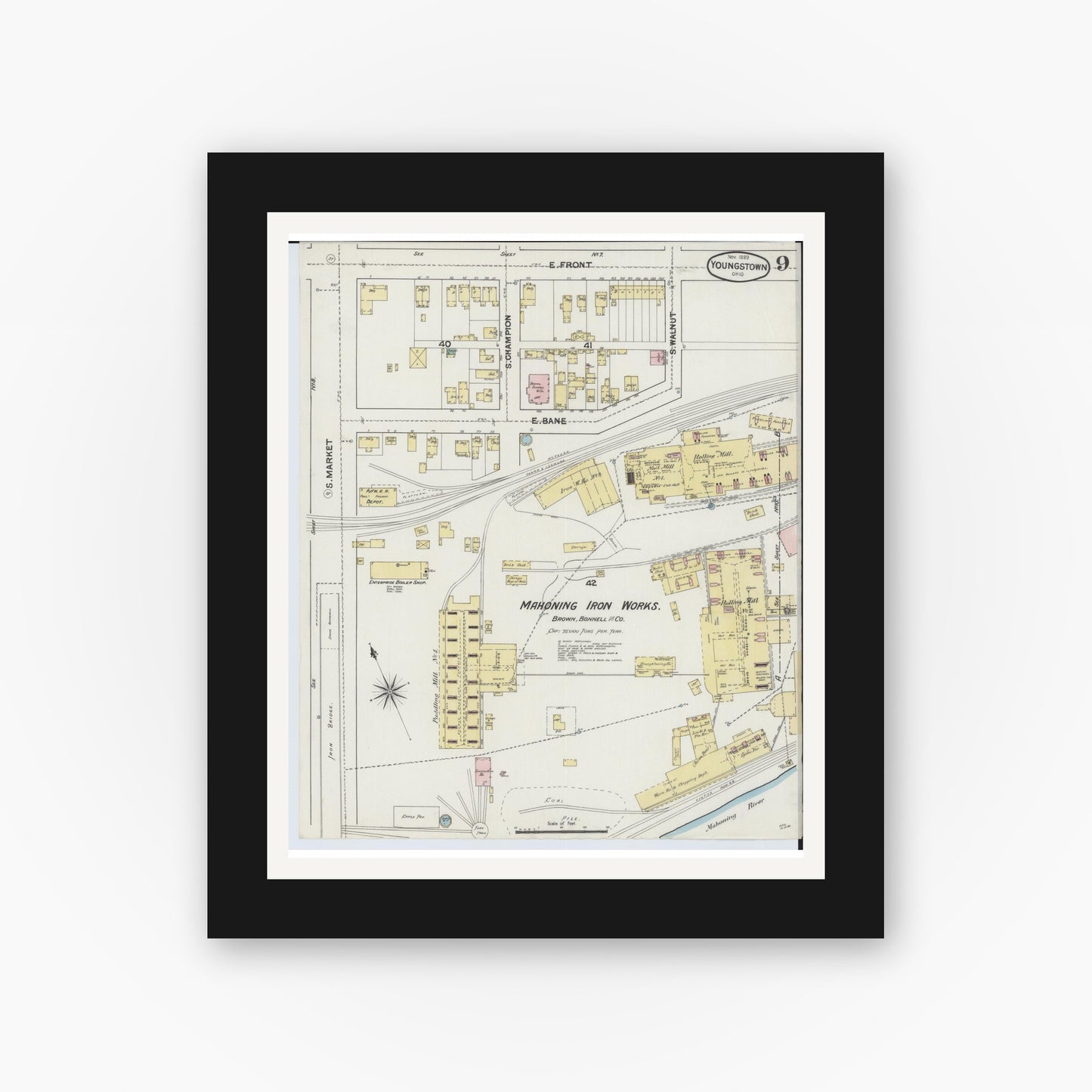 Old map wall art mockup — black gallery frame with white mat — Sanborn Fire Insurance Map from Youngstown, Mahoning County, Ohio (1889), Sheet #0009