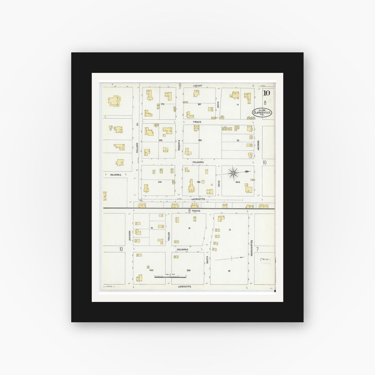 Old map wall art mockup — black gallery frame with white mat — Sanborn Fire Insurance Map from Clarksville, Red River County, Texas (1906), Sheet #0010