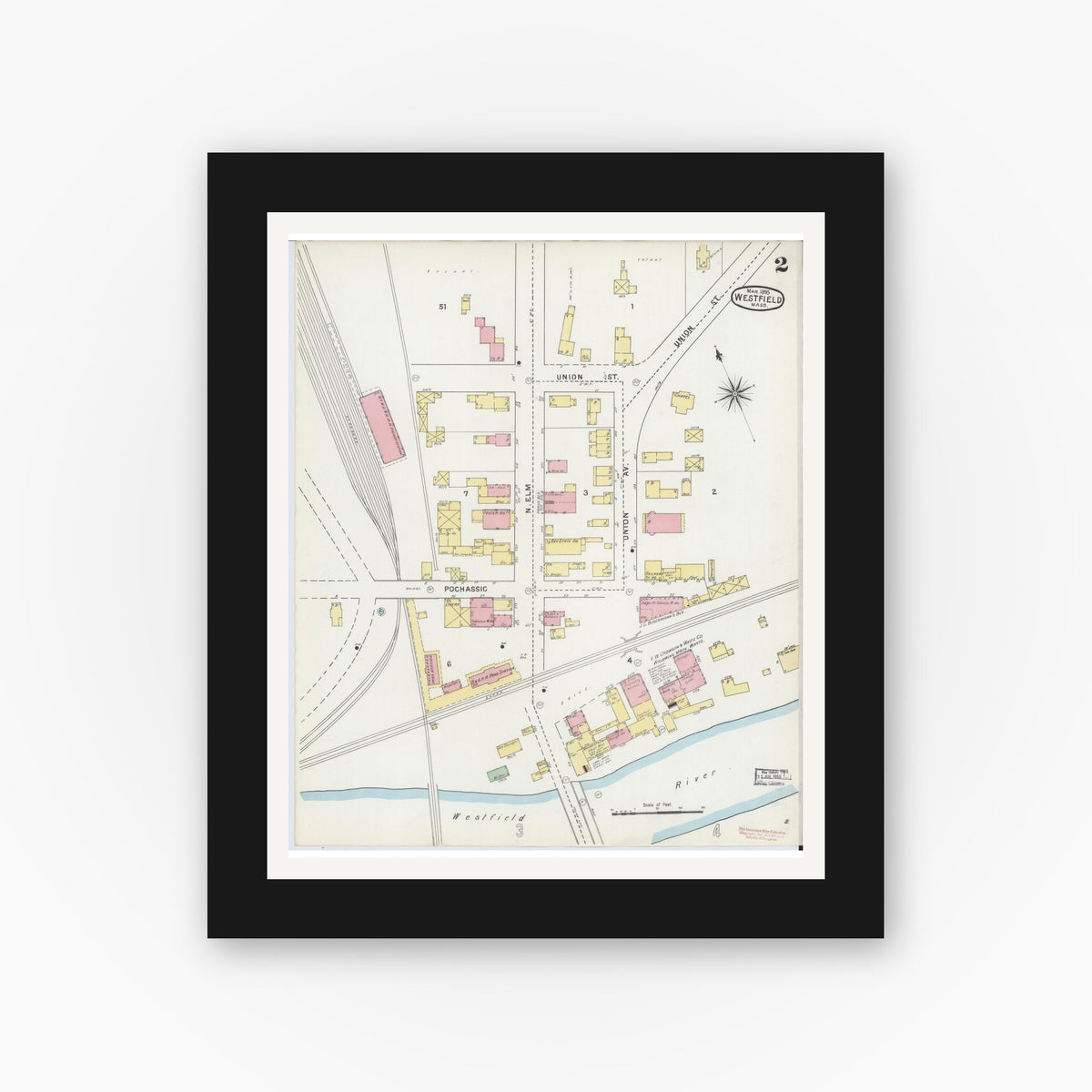 Old map wall art mockup — black gallery frame with white mat — Sanborn Fire Insurance Map from Westfield, Hampden County, Massachusetts (1895), Sheet #0002