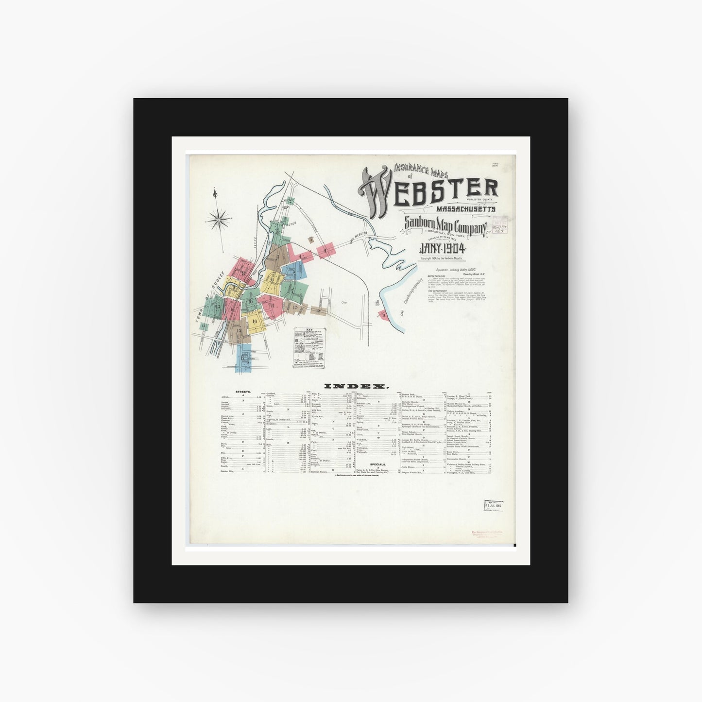 Old map wall art mockup — black gallery frame with white mat — Sanborn Fire Insurance Map from Webster, Worcester County, Massachusetts (1904), Sheet #0001