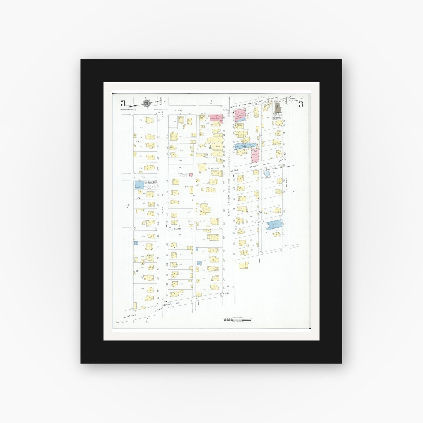 Old map wall art mockup — black gallery frame with white mat — Sanborn Fire Insurance Map from West Lafayette, Coshocton County, Ohio (1946), Sheet #0003