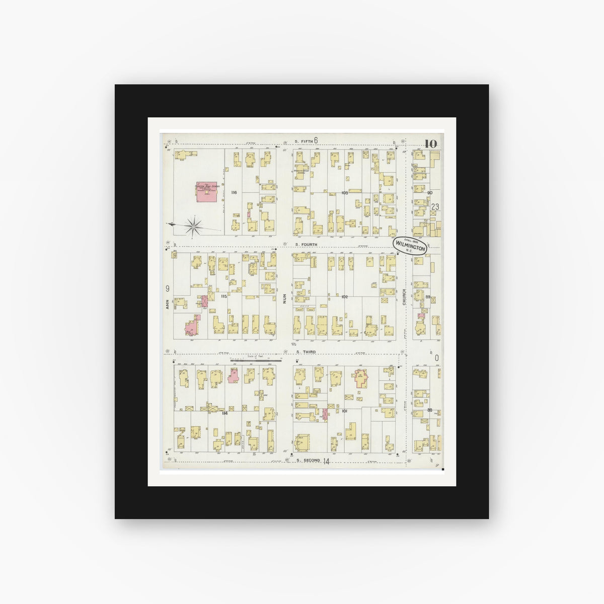 Old map wall art mockup β black gallery frame with white mat β Sanborn Fire Insurance Map from Wilmington, New Hanover County, North Carolina (1898), Sheet #0010