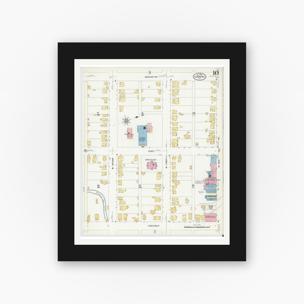 Old map wall art mockup — black gallery frame with white mat — Sanborn Fire Insurance Map from Corning, Steuben County, New York (1908), Sheet #0010