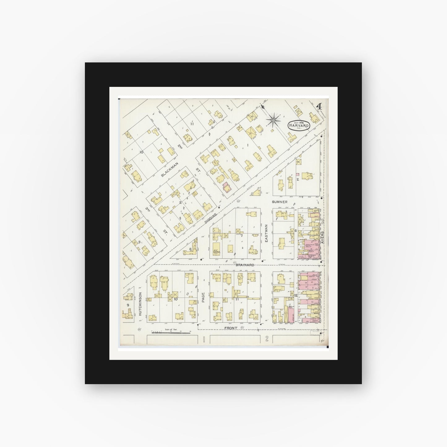 Old map wall art mockup — black gallery frame with white mat — Sanborn Fire Insurance Map from Harvard, McHenry County, Illinois (1892), Sheet #0004