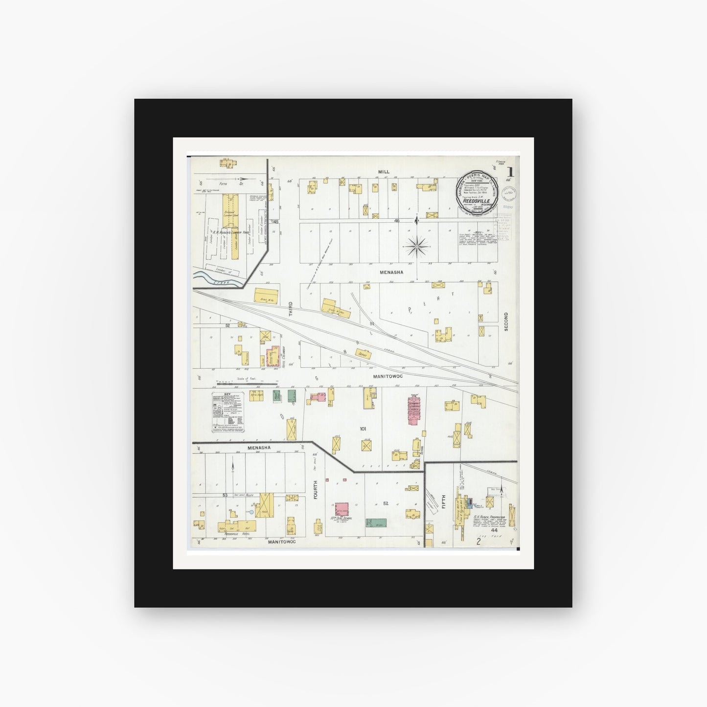 Old map wall art mockup — black gallery frame with white mat — Sanborn Fire Insurance Map from Reedsville, Manitowoc County, Wisconsin (1900) - Complete Map Set