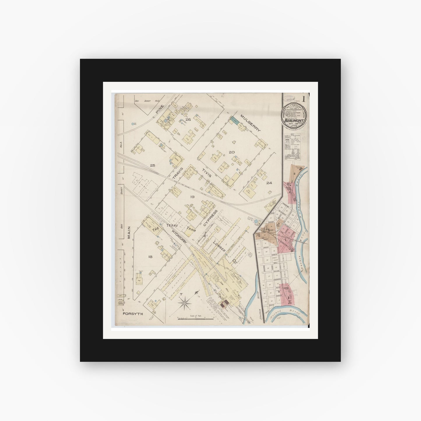 Old map wall art mockup — black gallery frame with white mat — Sanborn Fire Insurance Map from Beaumont, Jefferson County, Texas (1885), Sheet #0001