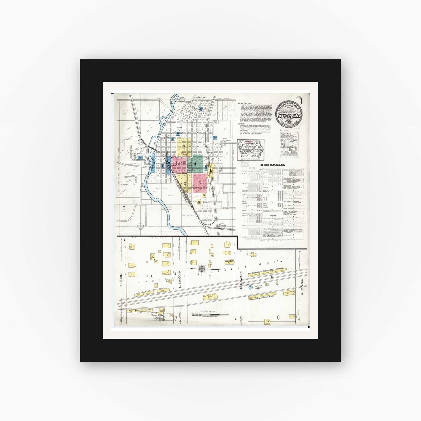 Old map wall art mockup β black gallery frame with white mat β Sanborn Fire Insurance Map from Estherville, Emmet County, Iowa (1920), Sheet #0001