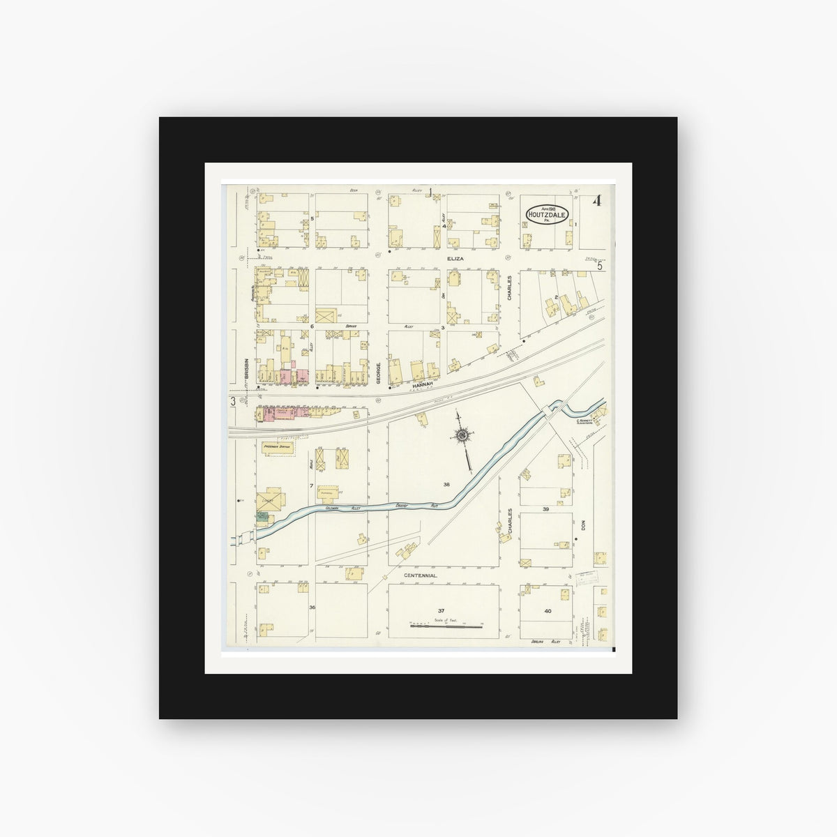 Old map wall art mockup — black gallery frame with white mat — Sanborn Fire Insurance Map from Houtzdale, Clearfield County, Pennsylvania (1910), Sheet #0004