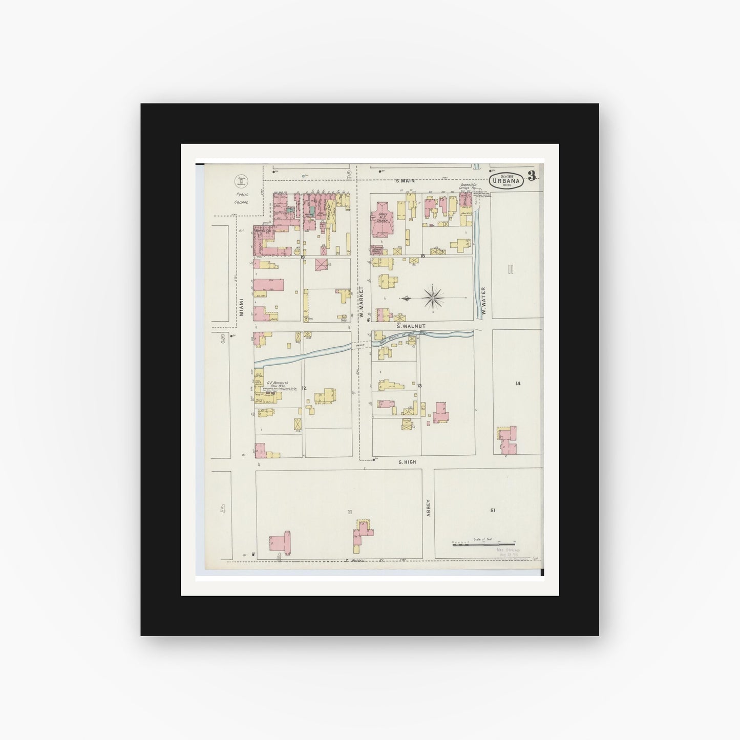 Old map wall art mockup — black gallery frame with white mat — Sanborn Fire Insurance Map from Urbana, Champaign County, Ohio (1895), Sheet #0003