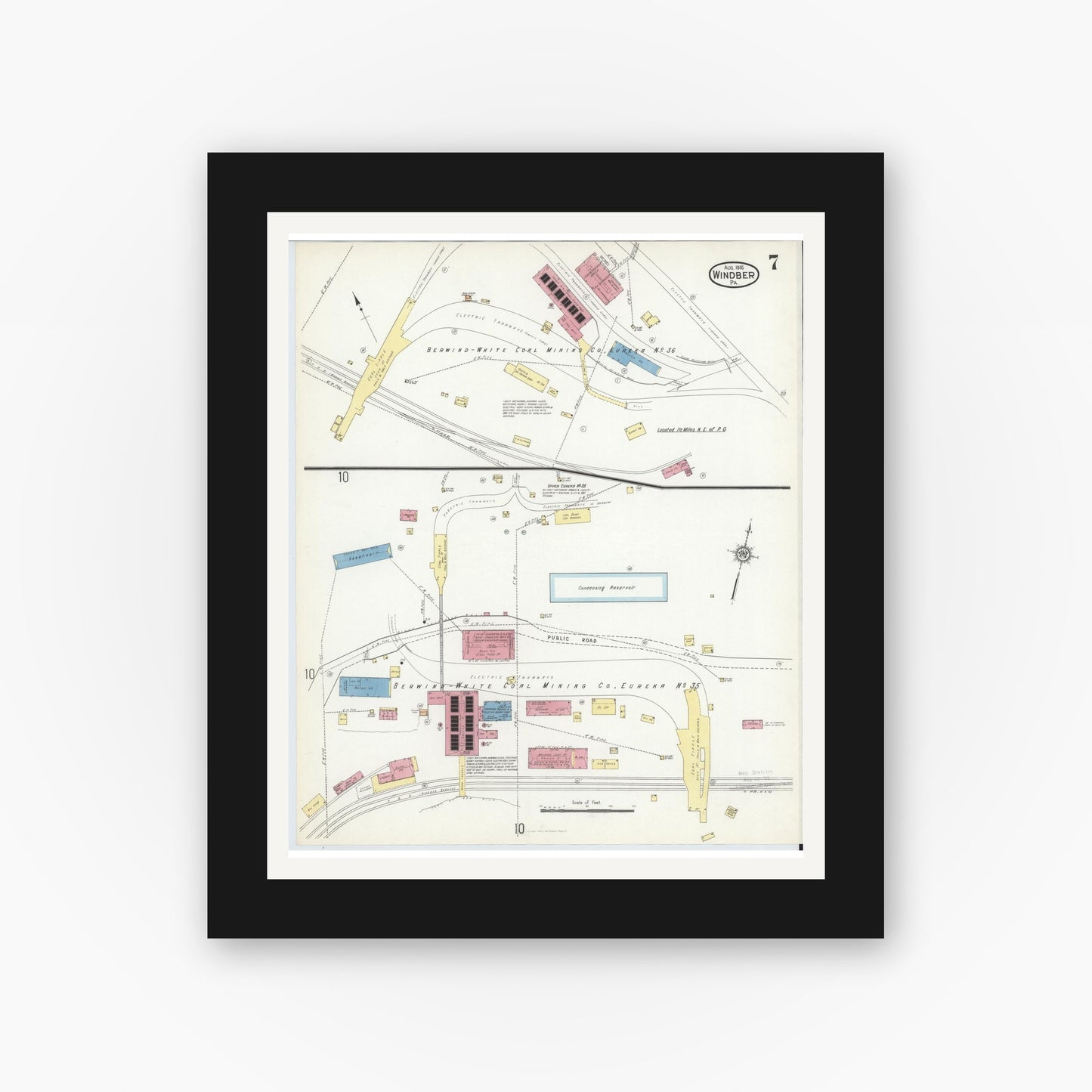 Old map wall art mockup — black gallery frame with white mat — Sanborn Fire Insurance Map from Windber, Somerset County, Pennsylvania (1916), Sheet #0007