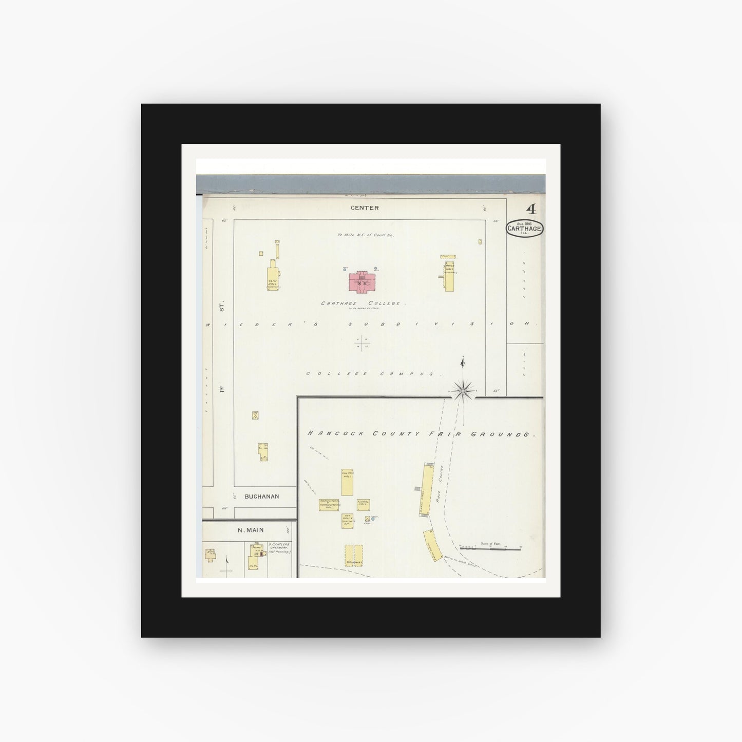 Old map wall art mockup — black gallery frame with white mat — Sanborn Fire Insurance Map from Carthage, Hancock County, Illinois (1893), Sheet #0004