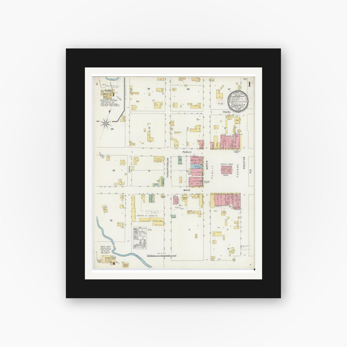 Old map wall art mockup — black gallery frame with white mat — Sanborn Fire Insurance Map from Crockett, Houston County, Texas (1896) - Complete Map Set