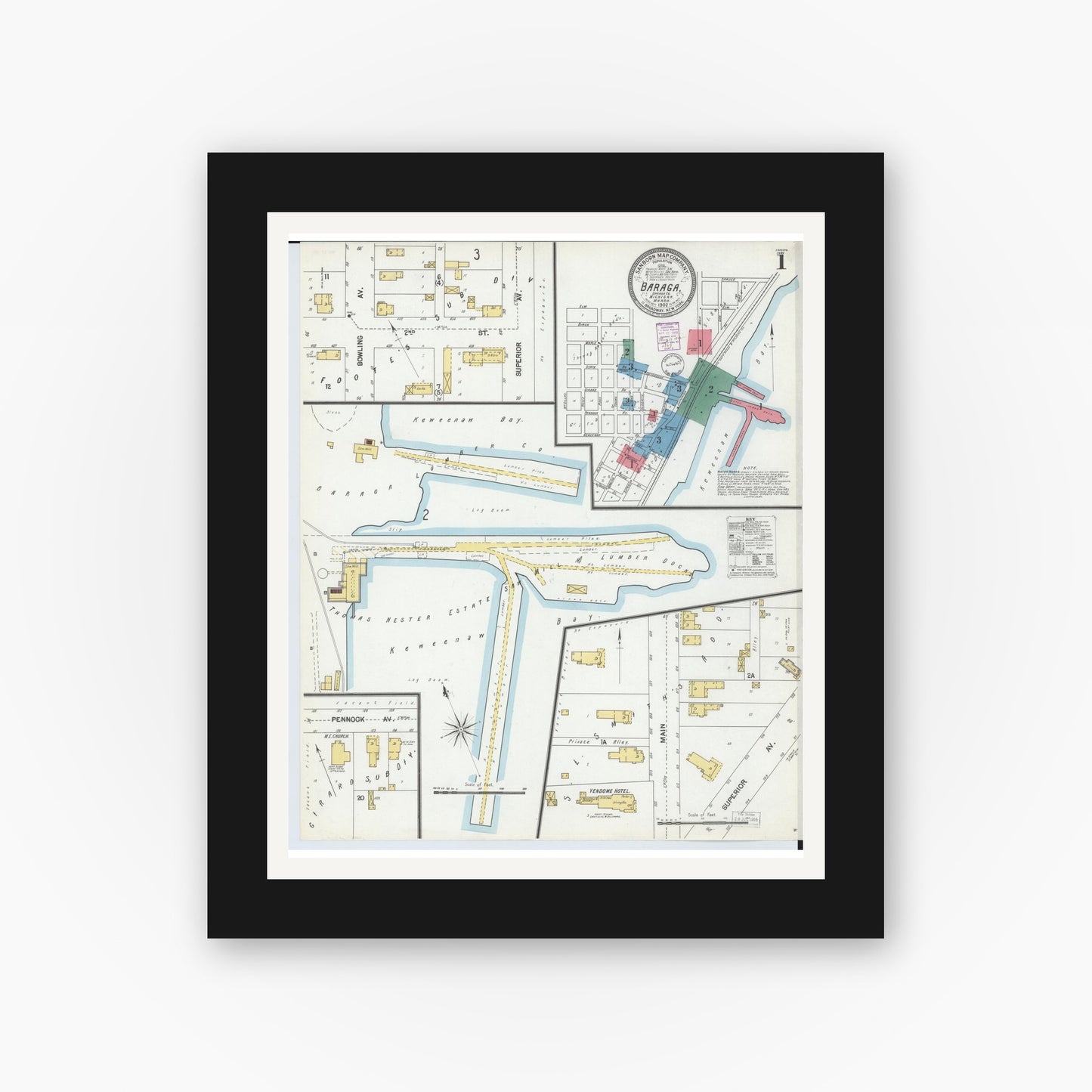 Old map wall art mockup — black gallery frame with white mat — Sanborn Fire Insurance Map from Baraga, Baraga County, Michigan (1902), Sheet #0001
