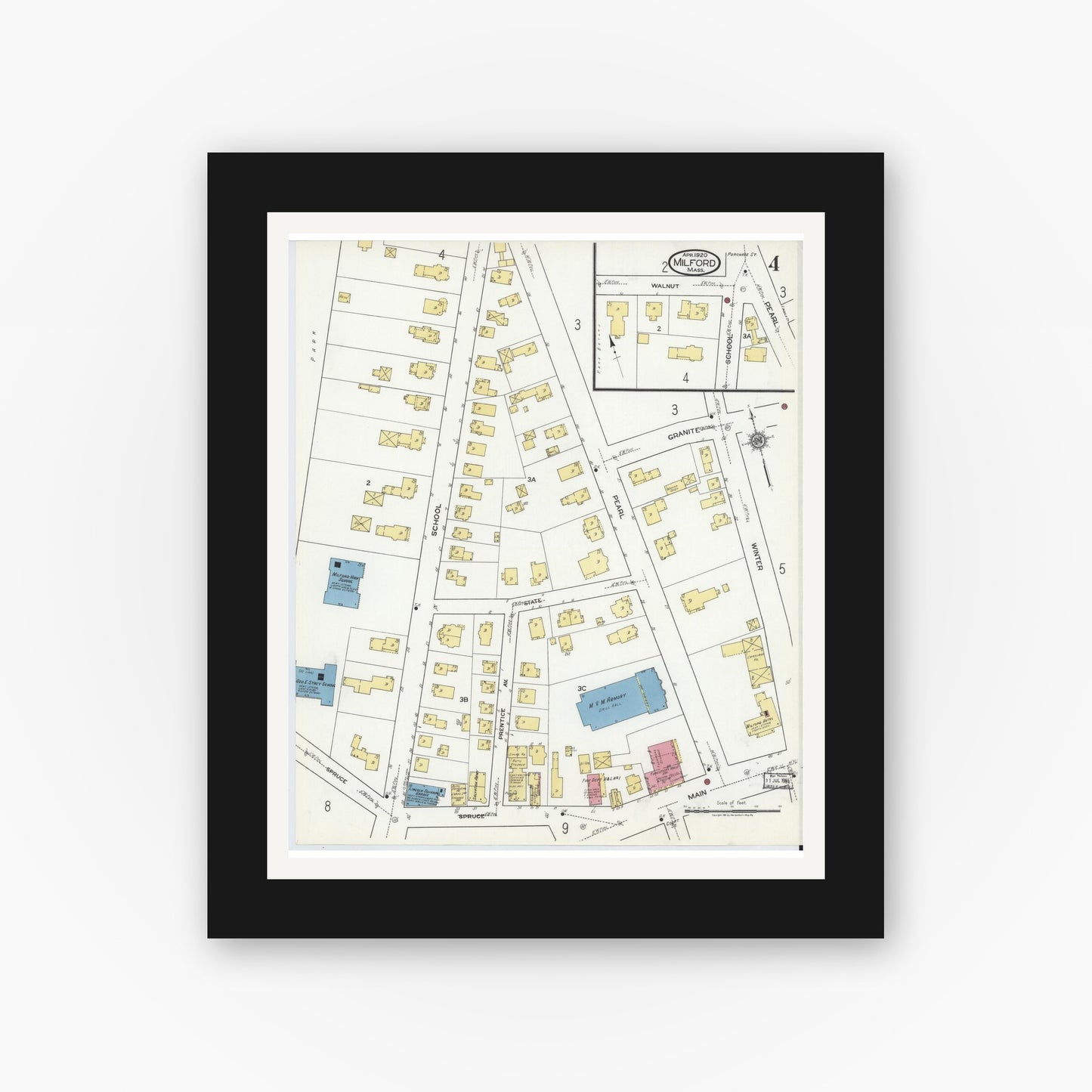 Old map wall art mockup — black gallery frame with white mat — Sanborn Fire Insurance Map from Milford, Worcester County, Massachusetts (1920), Sheet #0004