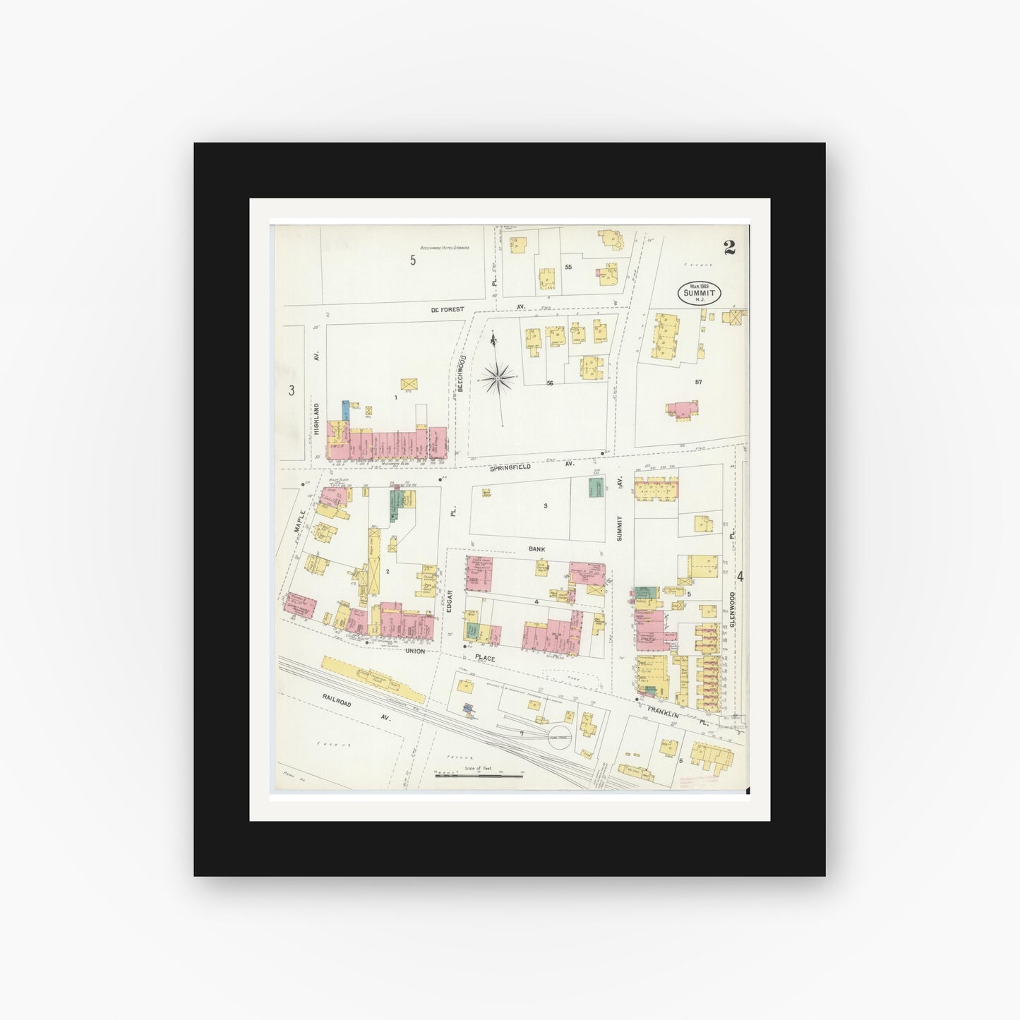 Old map wall art mockup — black gallery frame with white mat — Sanborn Fire Insurance Map from Summit, Union County, New Jersey (1903), Sheet #0002